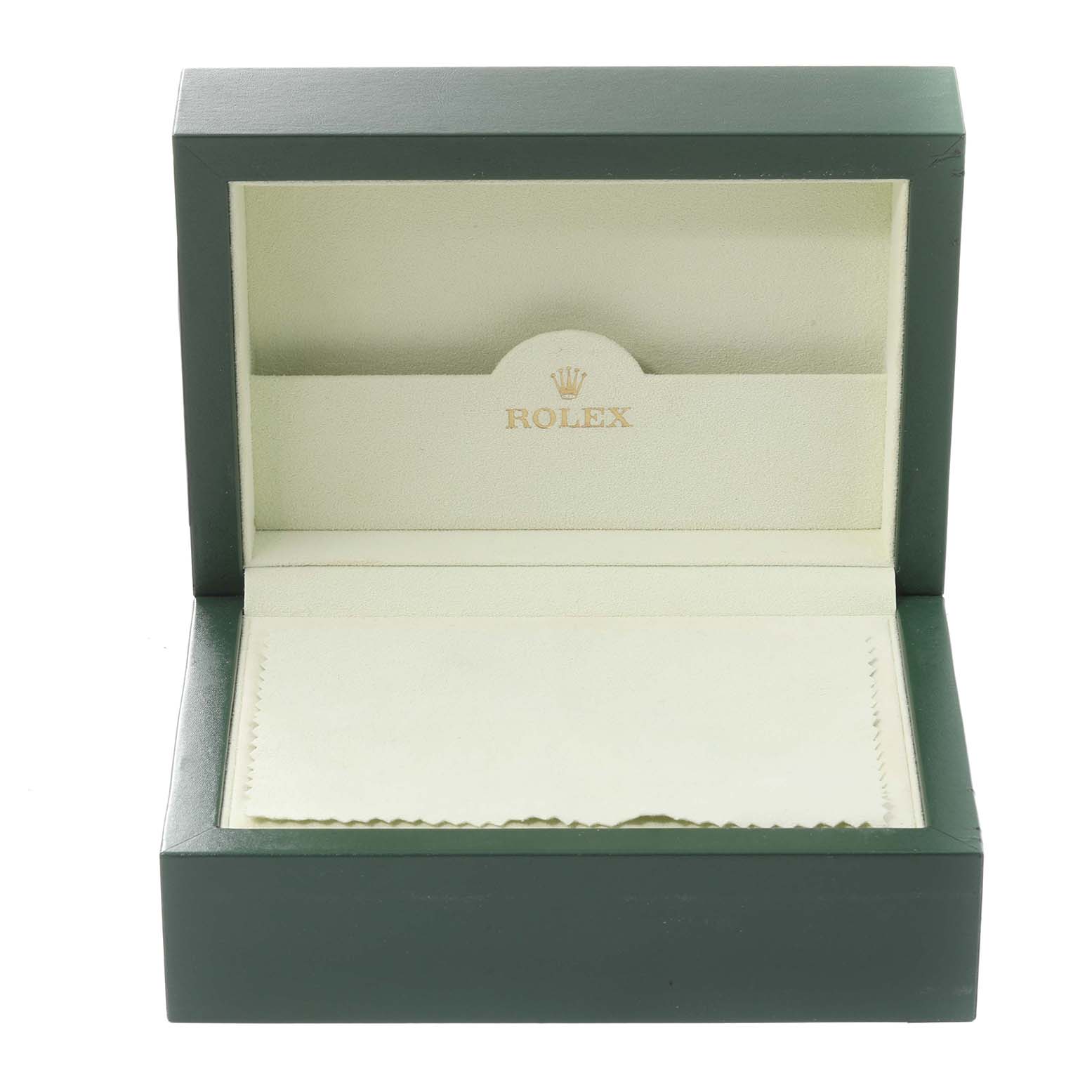 The image shows an open watch box for a Rolex GMT-Master 116713 Men's Steel and Gold (two tone) Black Dial 116713 Men's Steel and Gold (two tone) Black Dial, with a green exterior and beige interior bearing the Rolex logo.