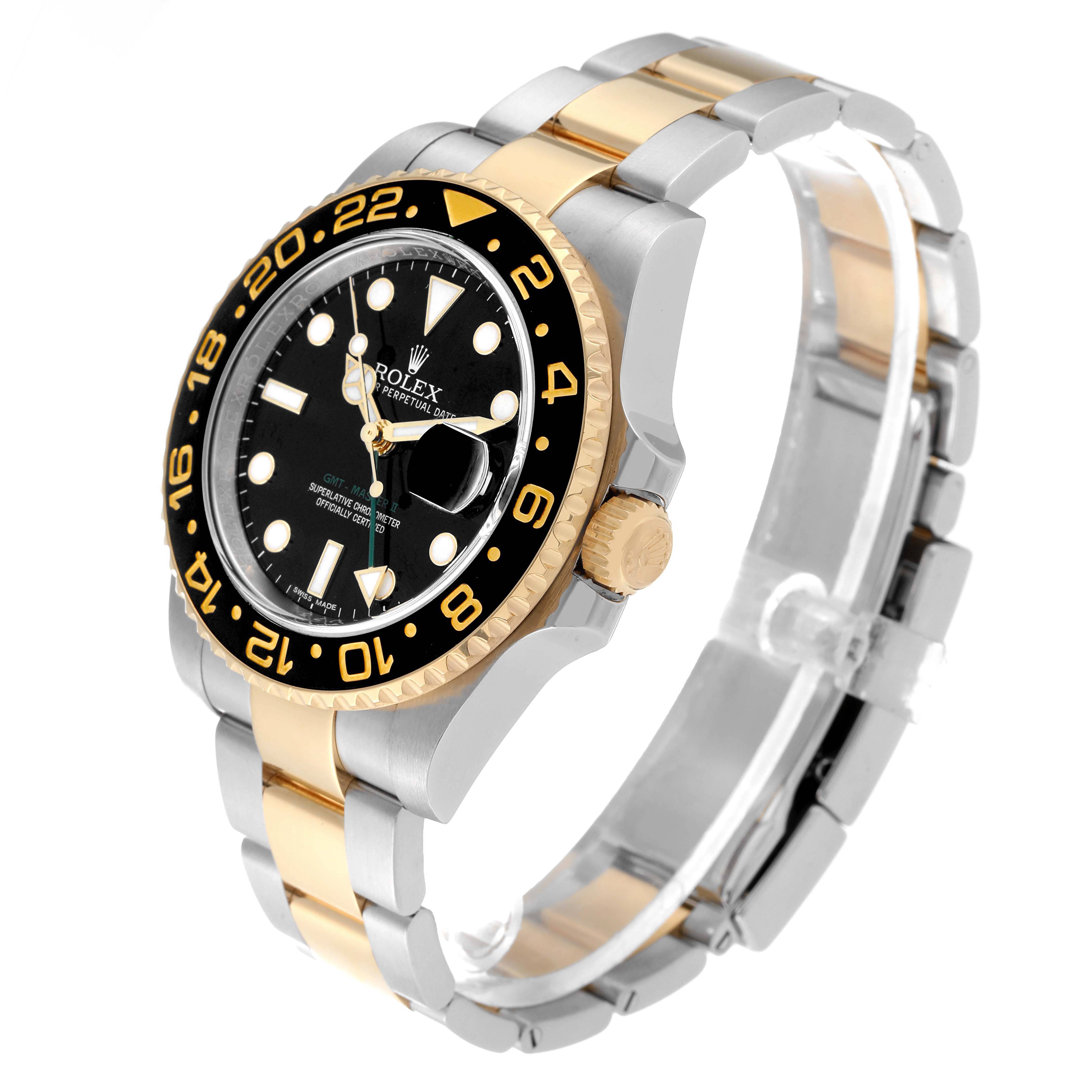 The image shows a Rolex GMT-Master 116713 Men's Steel and Gold (two tone) Black Dial 116713 Men's Steel and Gold (two tone) Black Dial watch at a three-quarter angle highlighting its two-tone bracelet, black dial, and bezel.