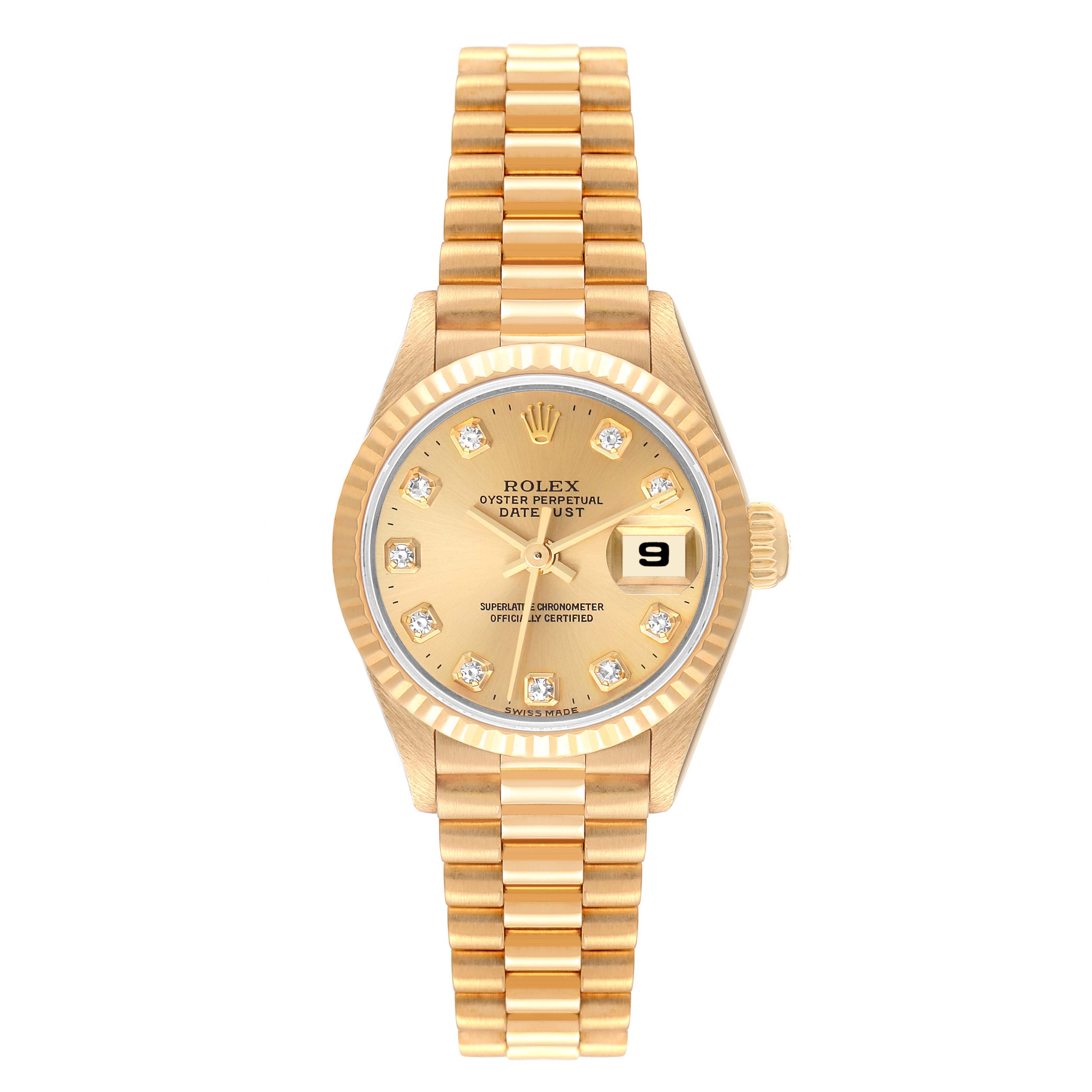 The image shows a front view of the Rolex President 69178 Women
s Yellow Gold Champagne Dial 69178 Women
s Yellow Gold Champagne Dial model watch, featuring the dial, bezel, and bracelet.