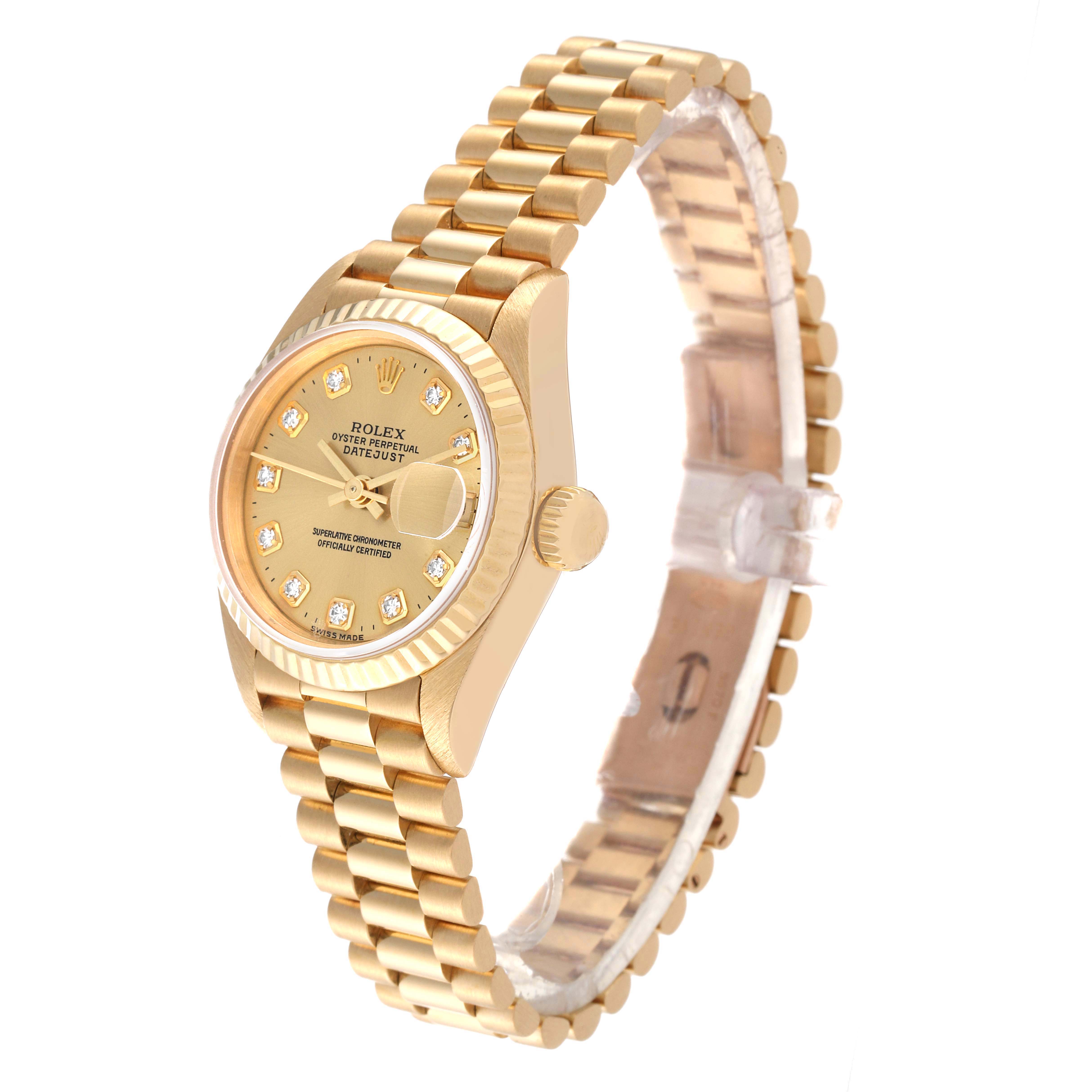 The Rolex President 69178 Women
s Yellow Gold Champagne Dial 69178 Women
s Yellow Gold Champagne Dial model watch is shown at a tilted angle, highlighting the face, bezel, and part of the bracelet.