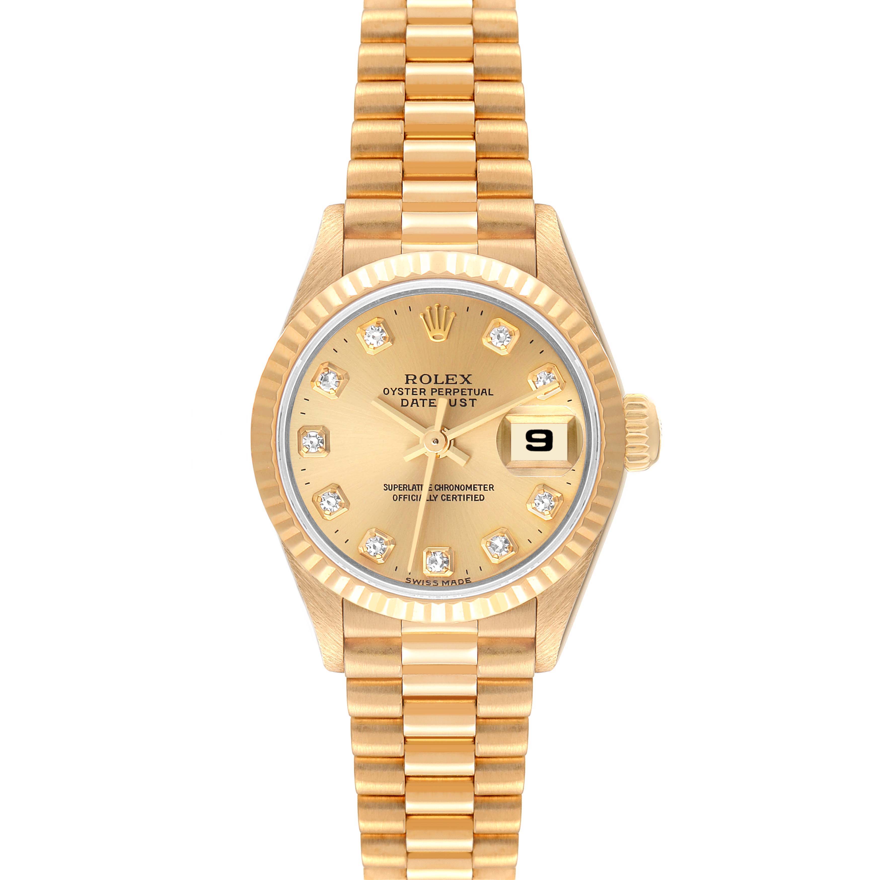 The image shows a frontal view of the Rolex President 69178 Women
s Yellow Gold Champagne Dial 69178 Women
s Yellow Gold Champagne Dial model watch, highlighting its gold band, face, and date display at 3 o
clock.