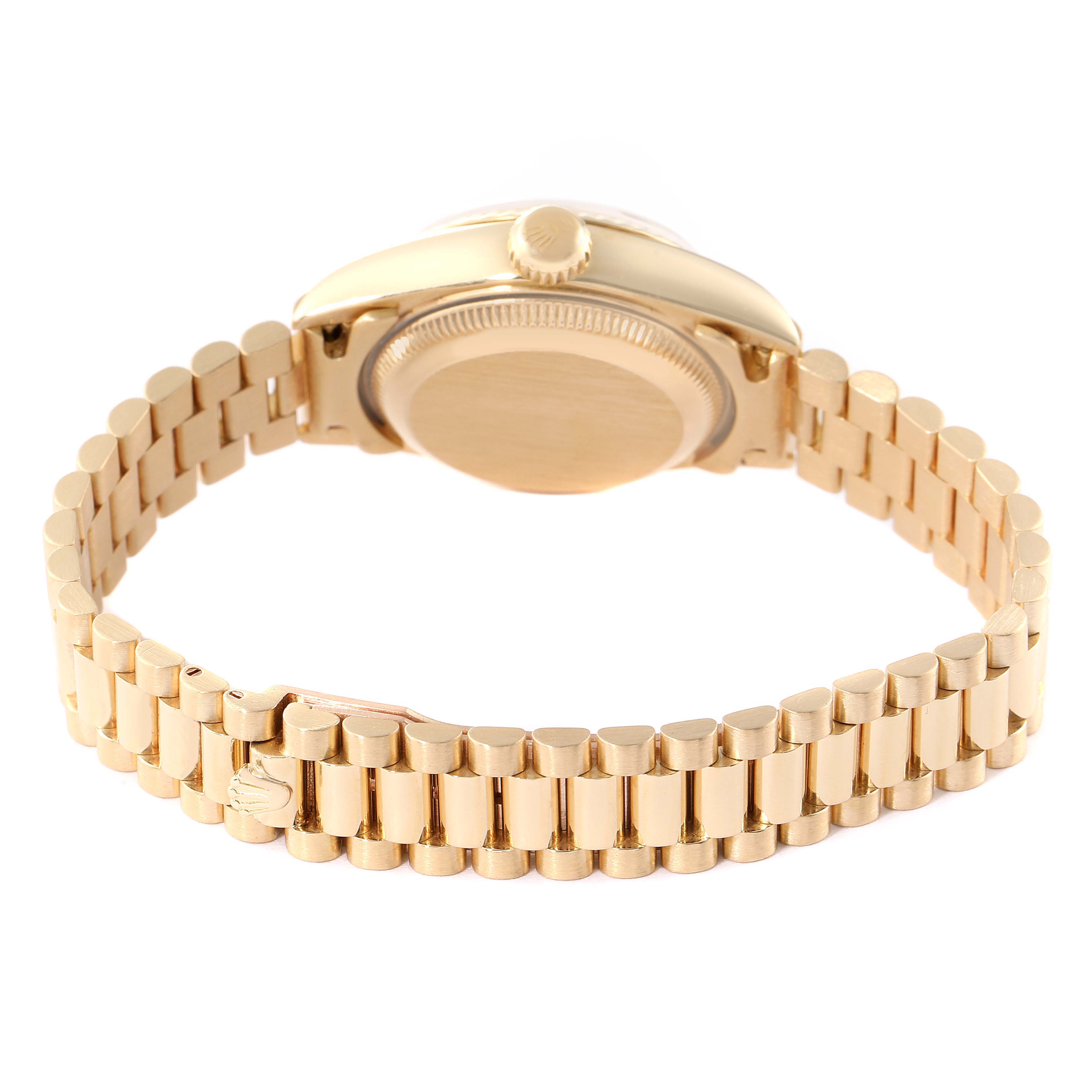 The image shows the back case and bracelet of a Rolex President 69178 Women
s Yellow Gold Champagne Dial 69178 Women
s Yellow Gold Champagne Dial model watch at a diagonal rear angle.