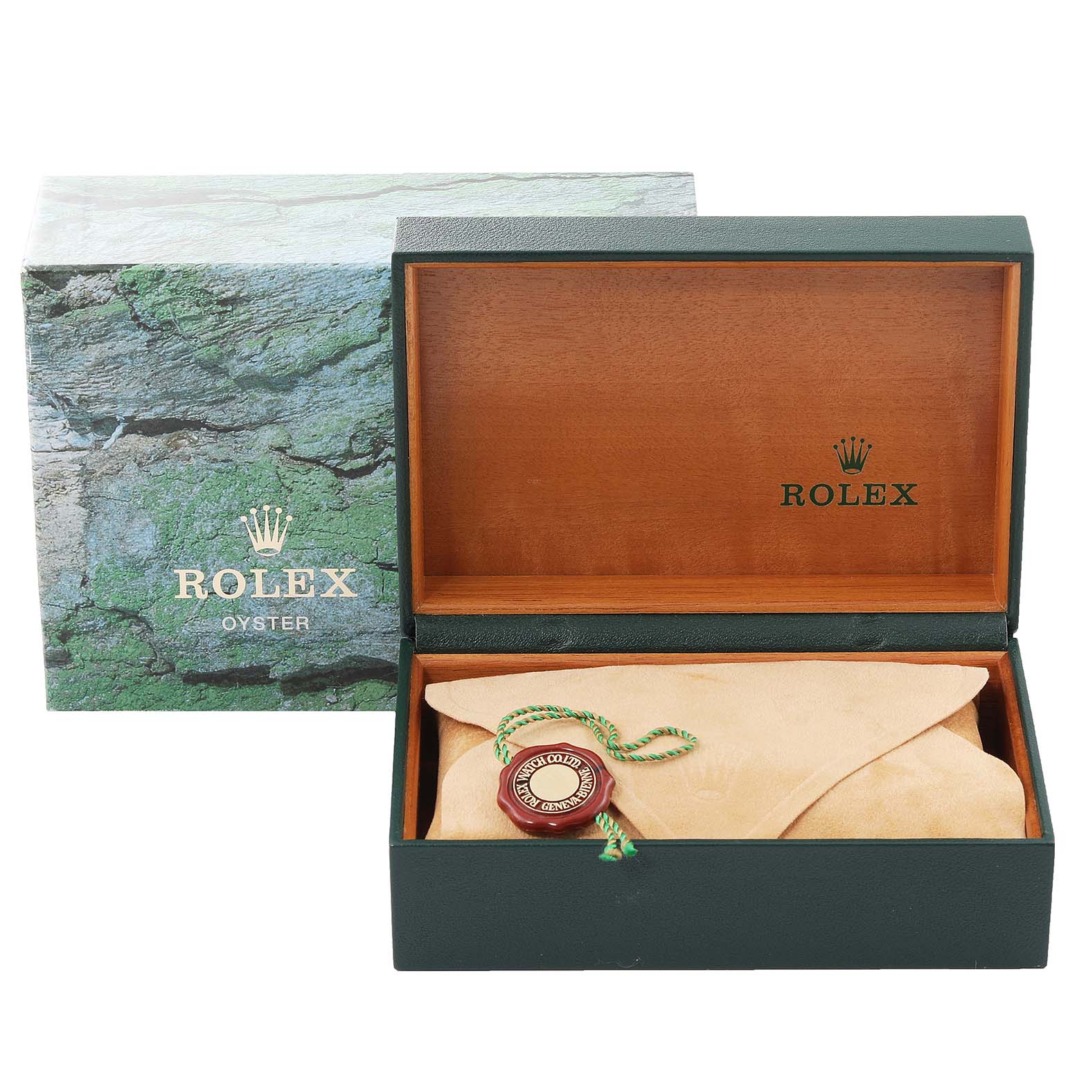 The image shows the packaging for a Rolex President 69178 Women
s Yellow Gold Champagne Dial 69178 Women
s Yellow Gold Champagne Dial model, featuring the green outer box and an open wooden inner box with a pouch inside.