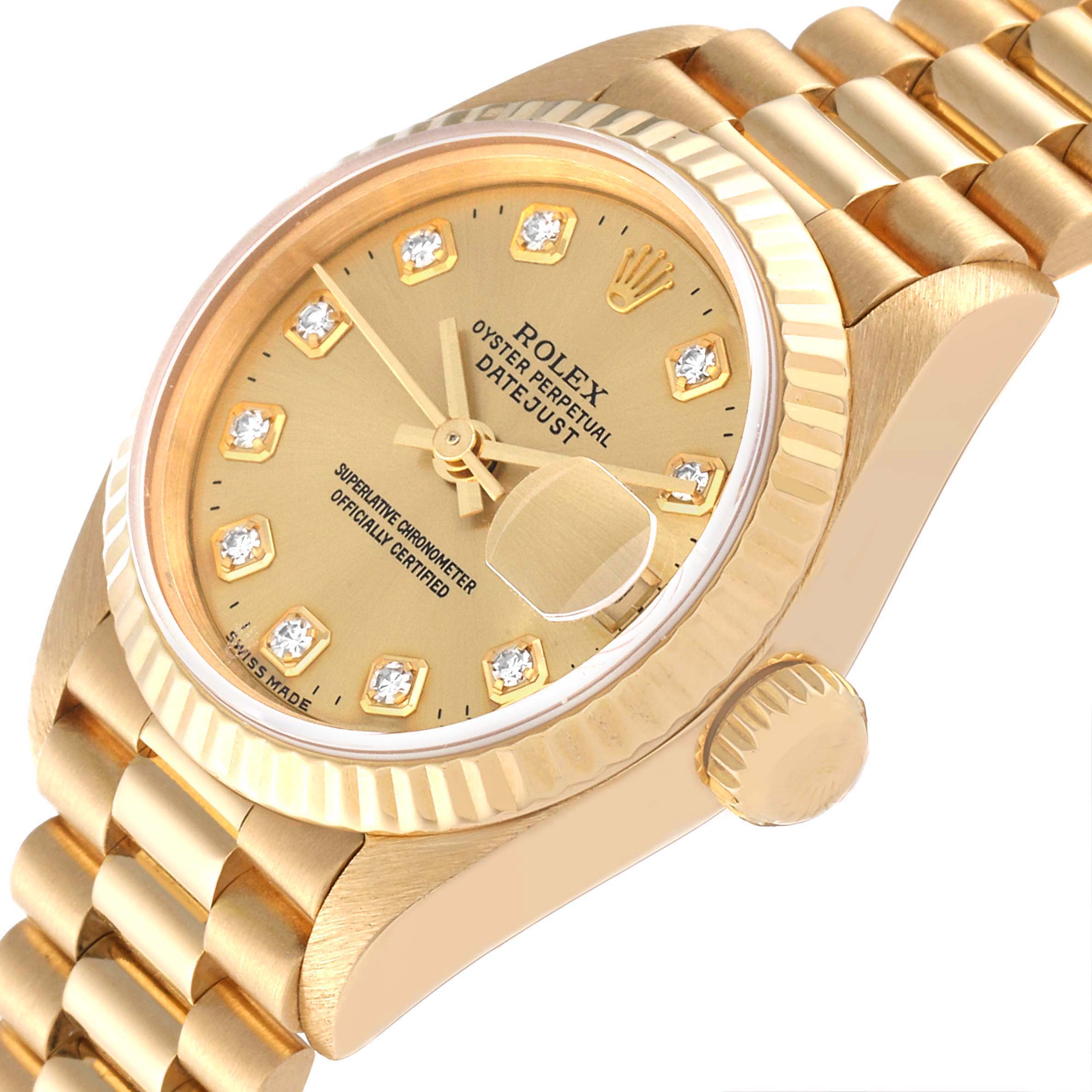 The image displays a close-up, side angle of a Rolex President 69178 Women
s Yellow Gold Champagne Dial 69178 Women
s Yellow Gold Champagne Dial model watch highlighting the face, bezel, crown, and part of the bracelet.