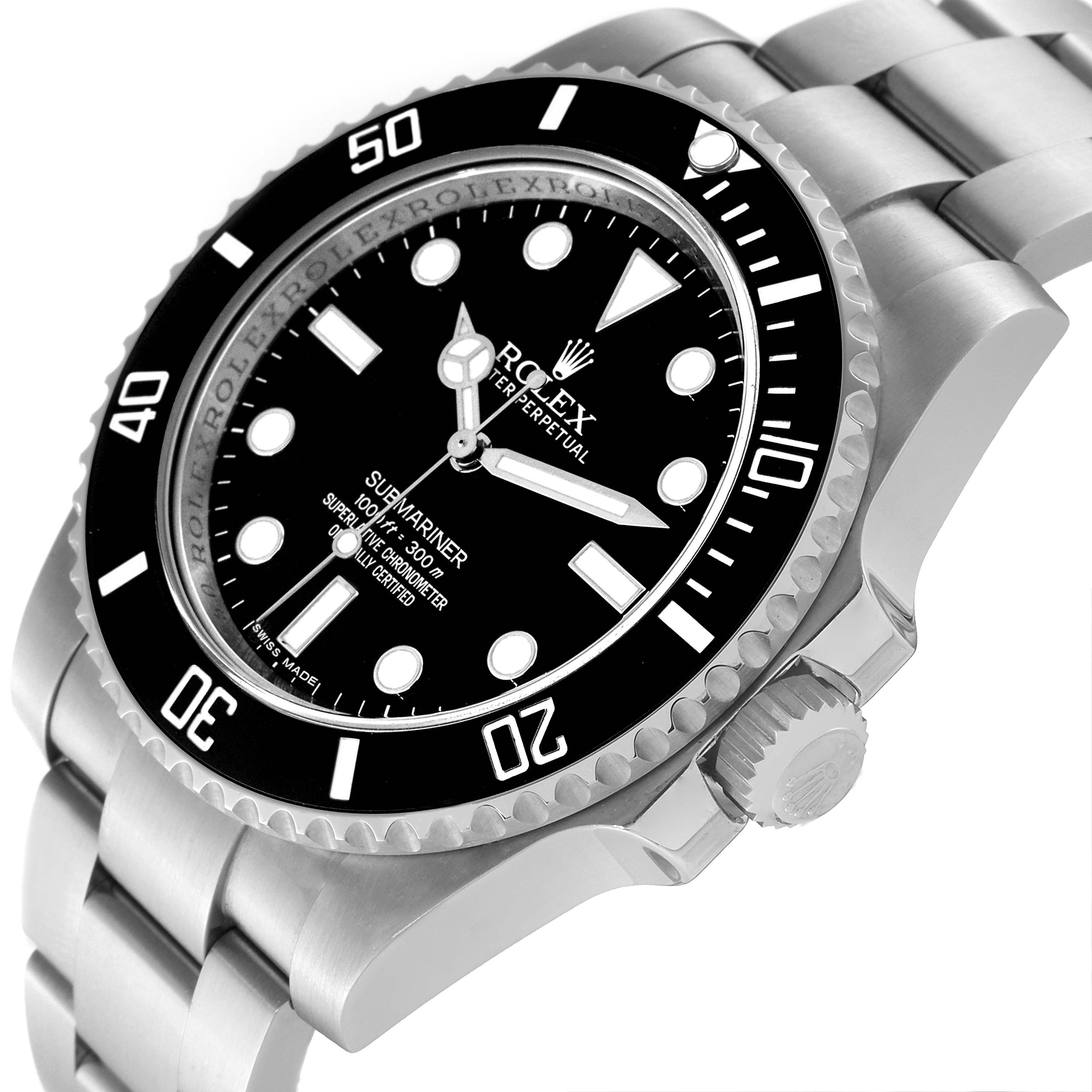 The image shows a side and front angle of a Rolex Submariner 114060 Men
s Stainless Steel Black Dial 114060 Men
s Stainless Steel Black Dial watch, highlighting the dial, bezel, crown, and bracelet.