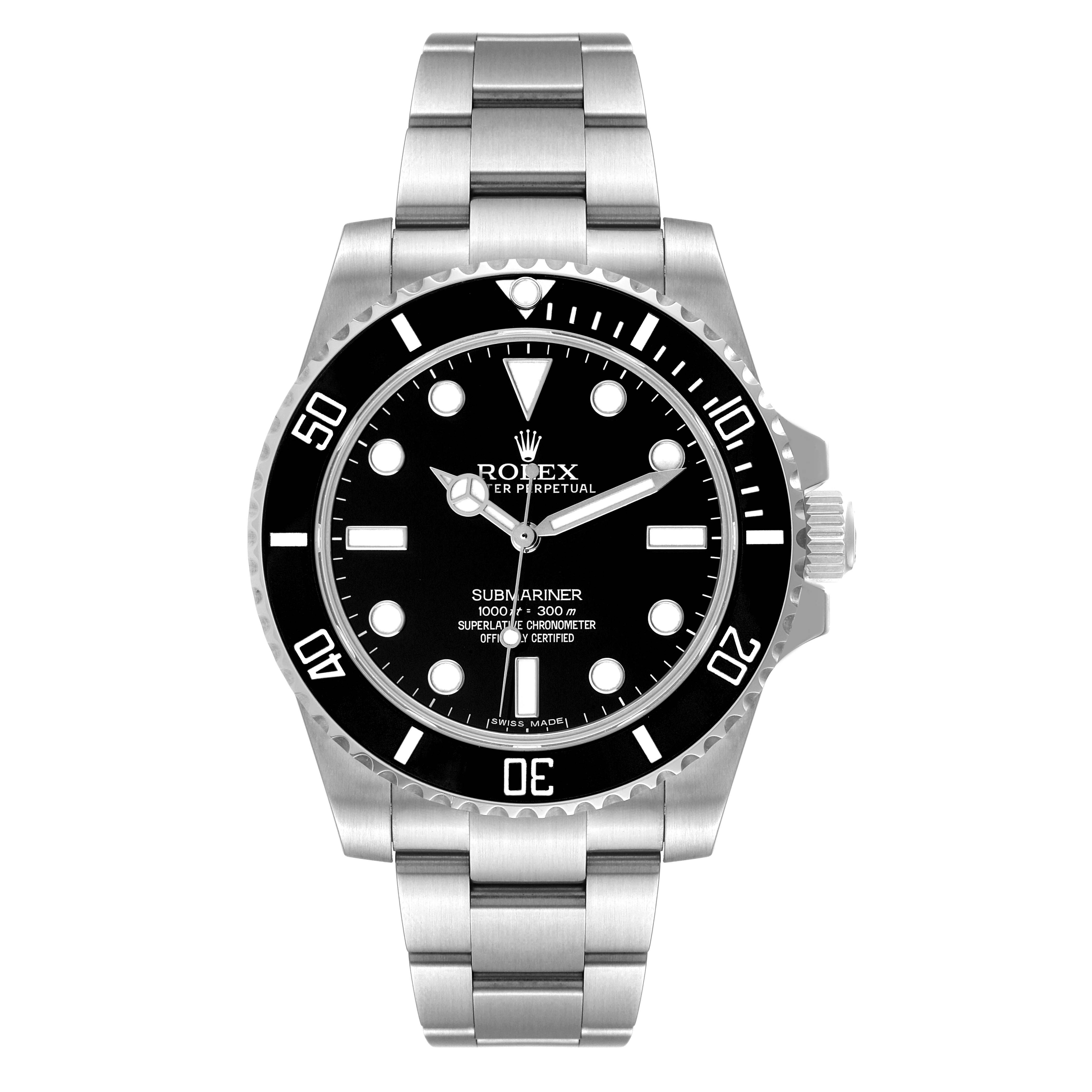 The image shows a front view of the Rolex Submariner 114060 Men
s Stainless Steel Black Dial 114060 Men
s Stainless Steel Black Dial watch, displaying its dial, bezel, and stainless steel bracelet.
