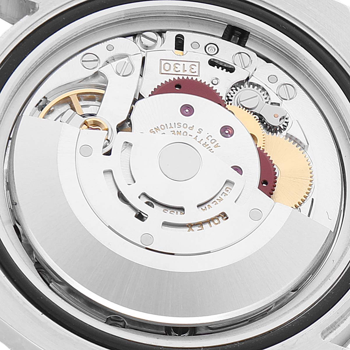 This image shows the internal mechanism and movement of a Rolex Submariner 114060 Men
s Stainless Steel Black Dial 114060 Men
s Stainless Steel Black Dial watch from a close-up angle.