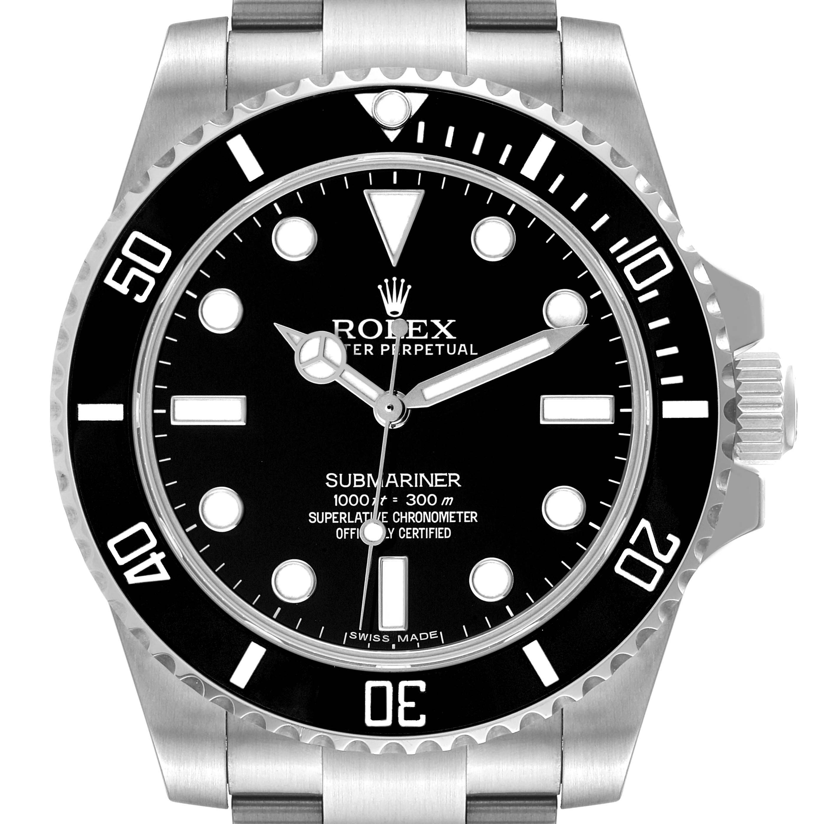 This image shows a frontal view of a Rolex Submariner 114060 Men
s Stainless Steel Black Dial 114060 Men
s Stainless Steel Black Dial watch, highlighting its black dial, bezel, and silver bracelet.