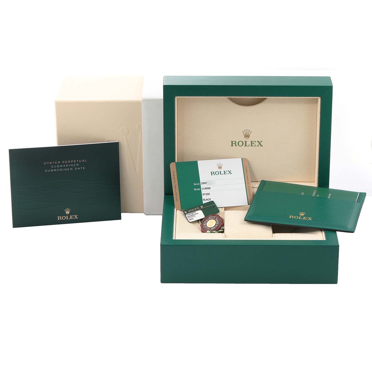 This image shows the packaging, warranty card, tags, and manuals for the Rolex Submariner 114060 Men
s Stainless Steel Black Dial 114060 Men
s Stainless Steel Black Dial model watch.
