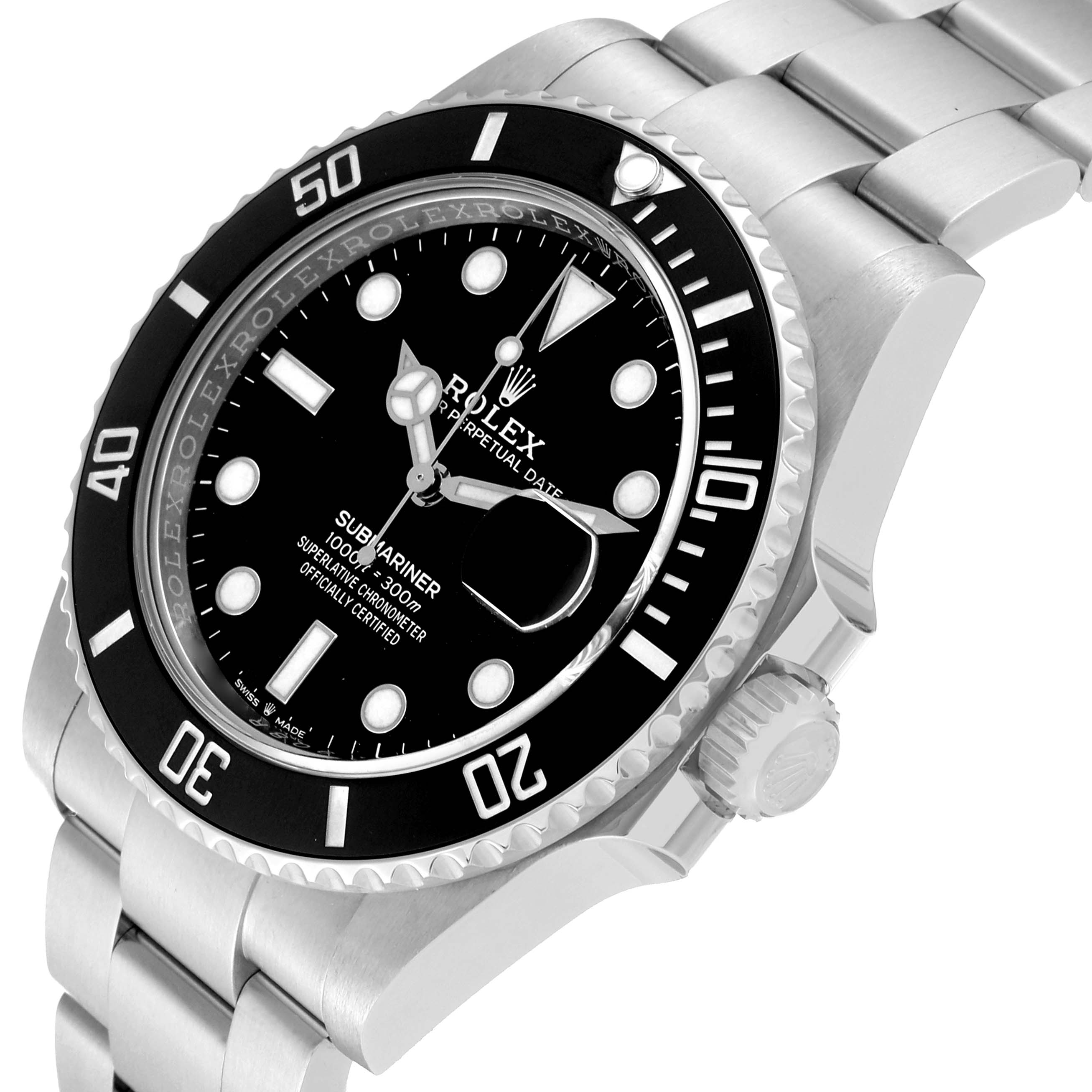 The image shows a Rolex Submariner 126610LN Men
s Stainless Steel Black Dial 126610LN Men
s Stainless Steel Black Dial watch at a slight angle, highlighting the dial, bezel, case, and part of the bracelet.