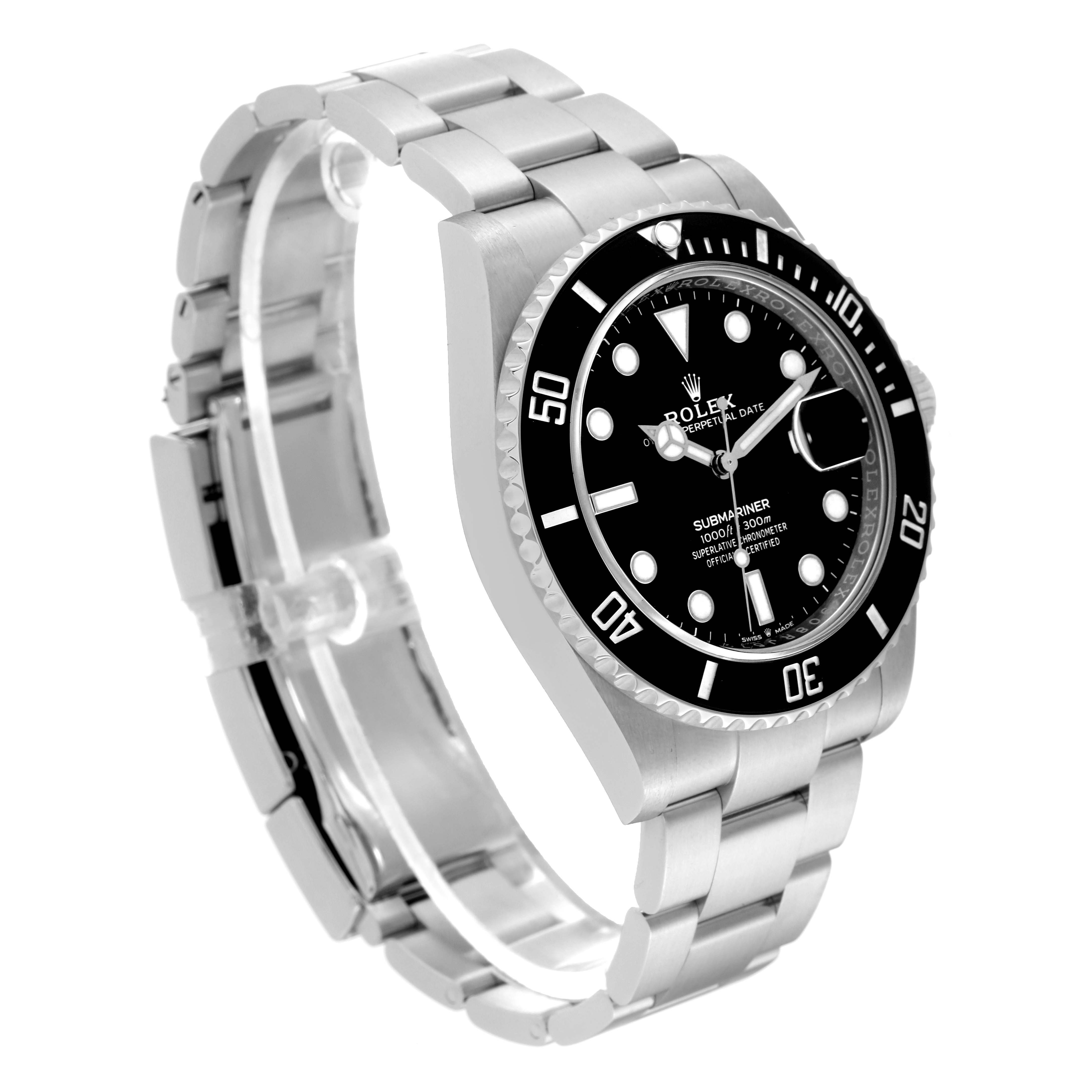 The image shows a side angle of a Rolex Submariner 126610LN Men
s Stainless Steel Black Dial 126610LN Men
s Stainless Steel Black Dial watch, displaying the bracelet, bezel, and dial.