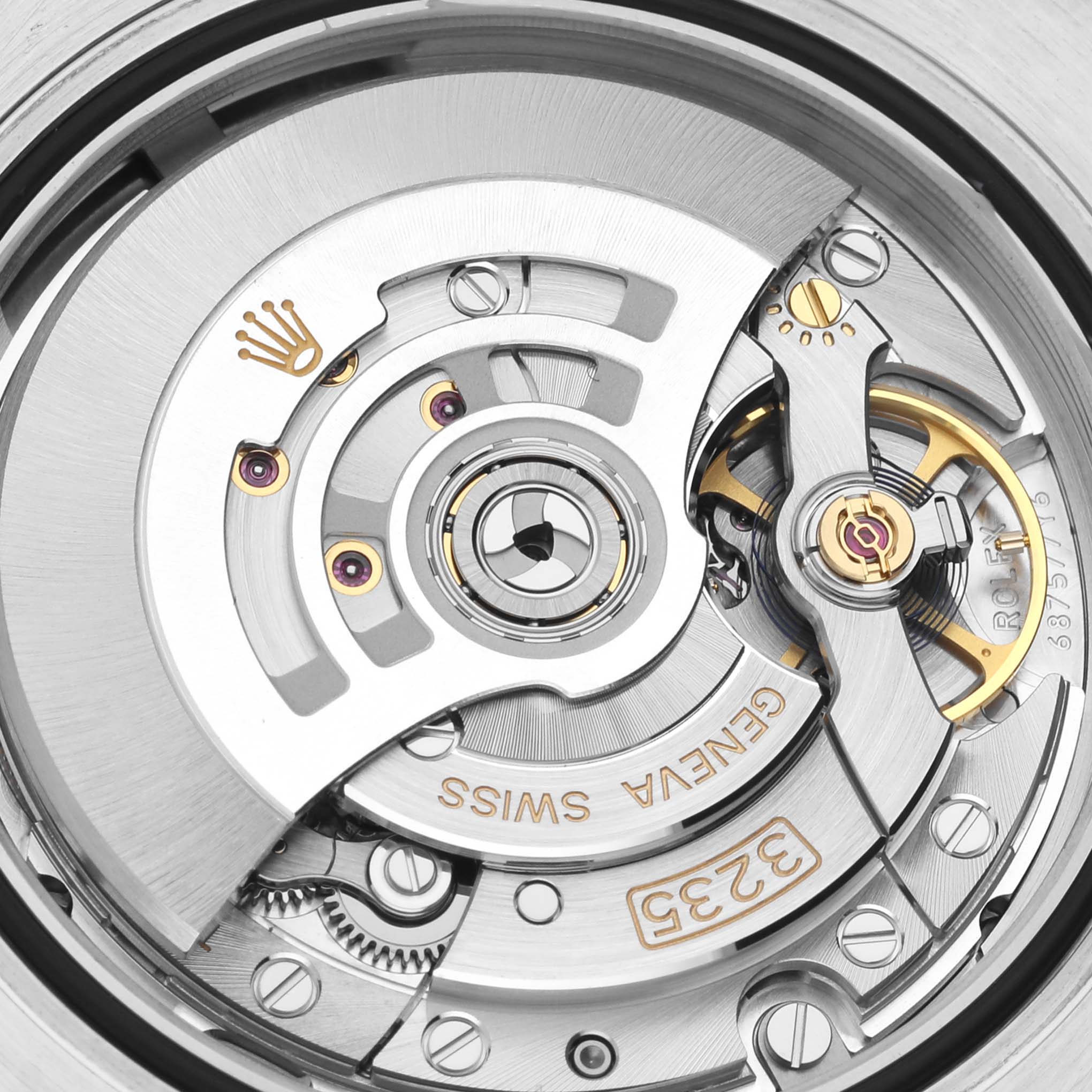 This is a close-up view of the internal movement mechanism of a Rolex Submariner 126610LN Men
s Stainless Steel Black Dial 126610LN Men
s Stainless Steel Black Dial watch.