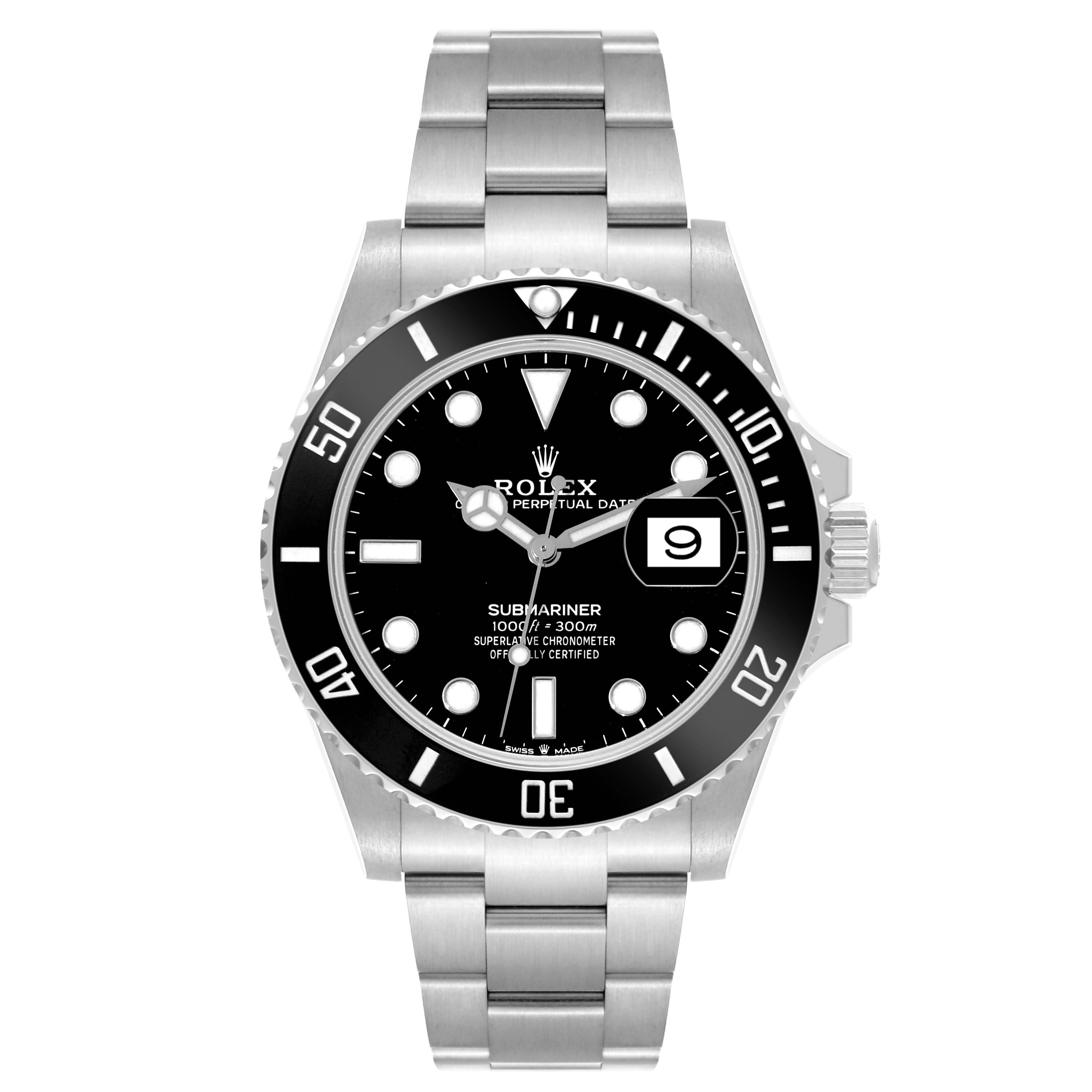 The image shows a front view of the Rolex Submariner 126610LN Men
s Stainless Steel Black Dial 126610LN Men
s Stainless Steel Black Dial watch, displaying the dial, bezel, crown, and bracelet.