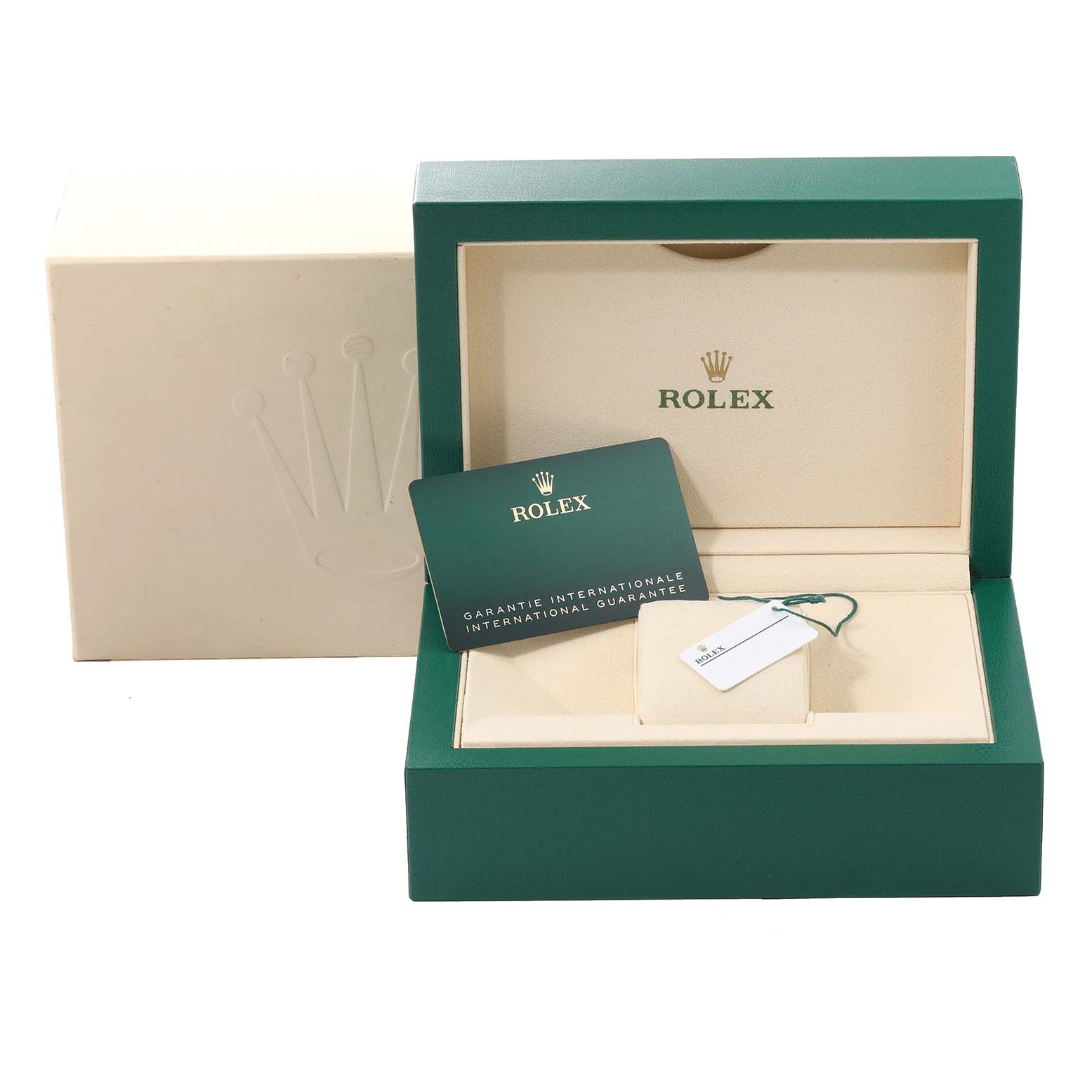 The image shows a Rolex Submariner 126610LN Men
s Stainless Steel Black Dial 126610LN Men
s Stainless Steel Black Dial watch box, guarantee card, and tag, viewed from the front.