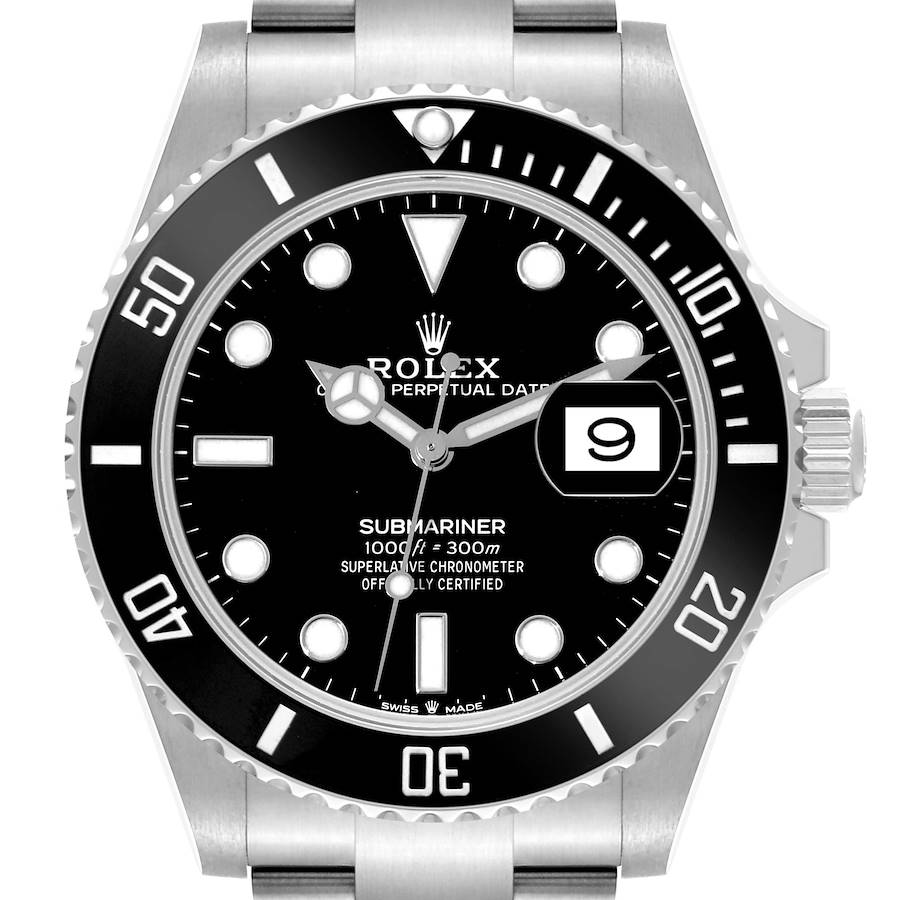 The image shows the front view of a Rolex Submariner watch, including the dial, bezel, and part of the bracelet.