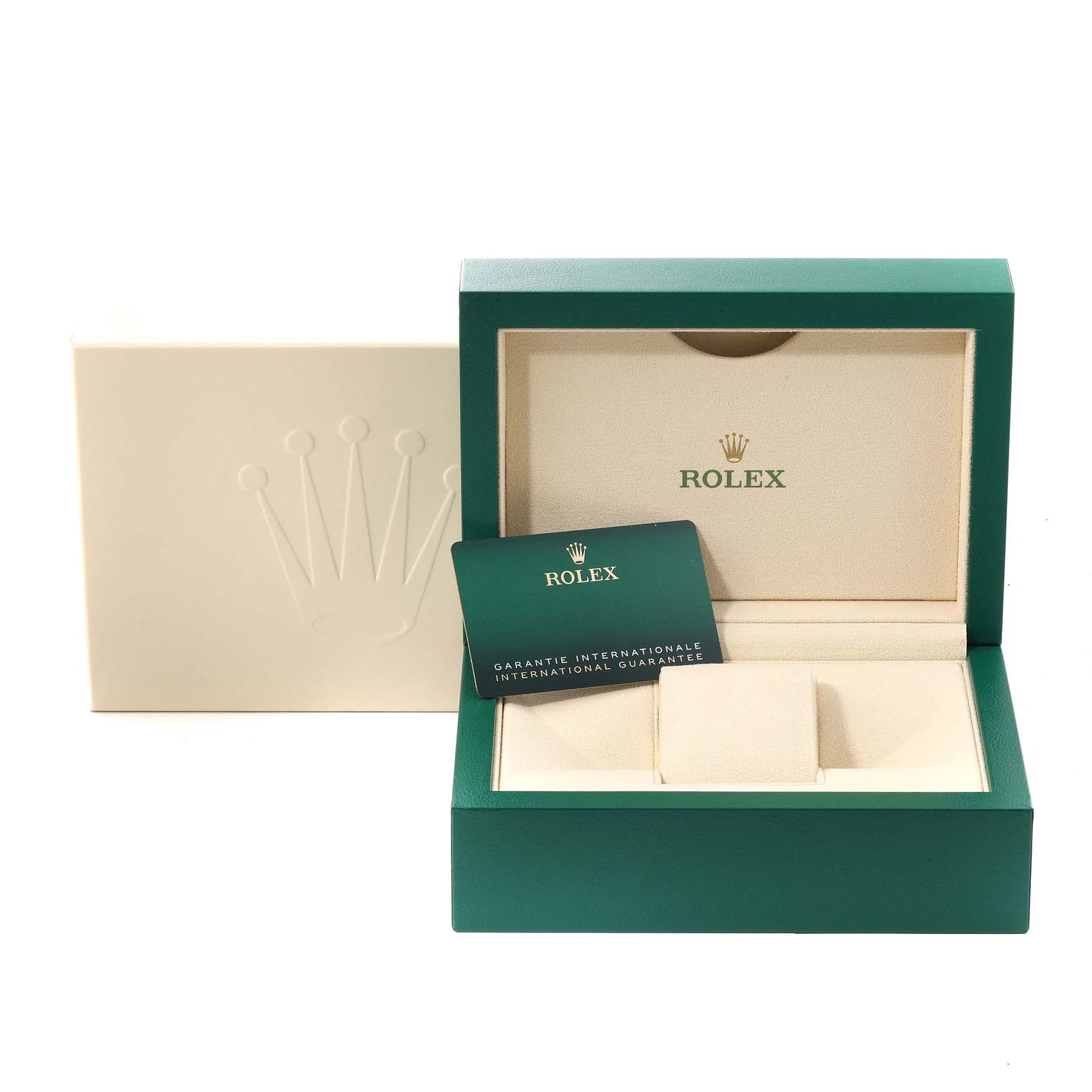 This image shows the packaging, including the presentation box and the international guarantee card, for a Rolex Submariner 126610LN Men's Stainless Steel Black Dial 126610LN Men's Stainless Steel Black Dial.