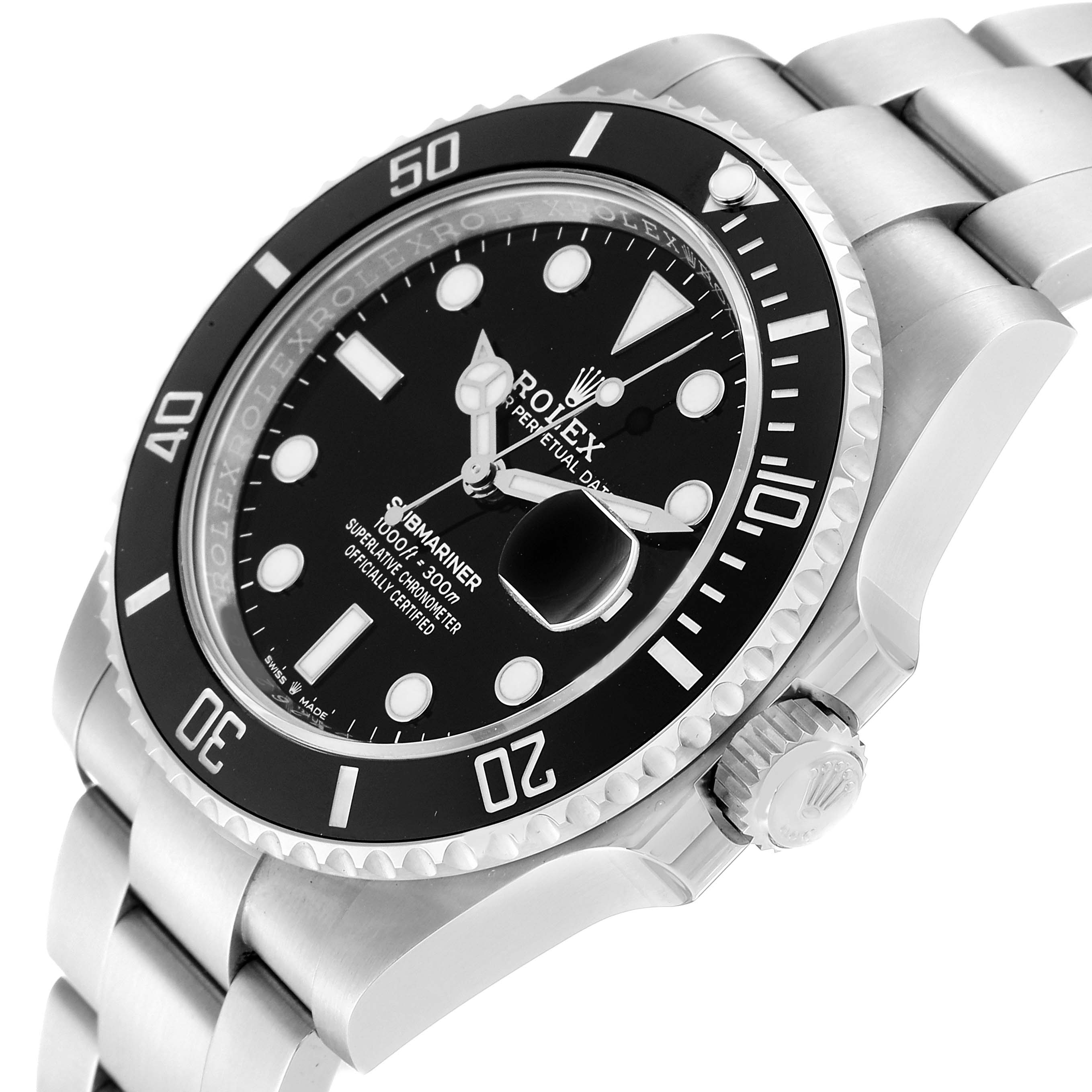 The image shows a Rolex Submariner 126610LN Men's Stainless Steel Black Dial 126610LN Men's Stainless Steel Black Dial watch at an angle, highlighting the face, bezel, crown, and part of the bracelet.