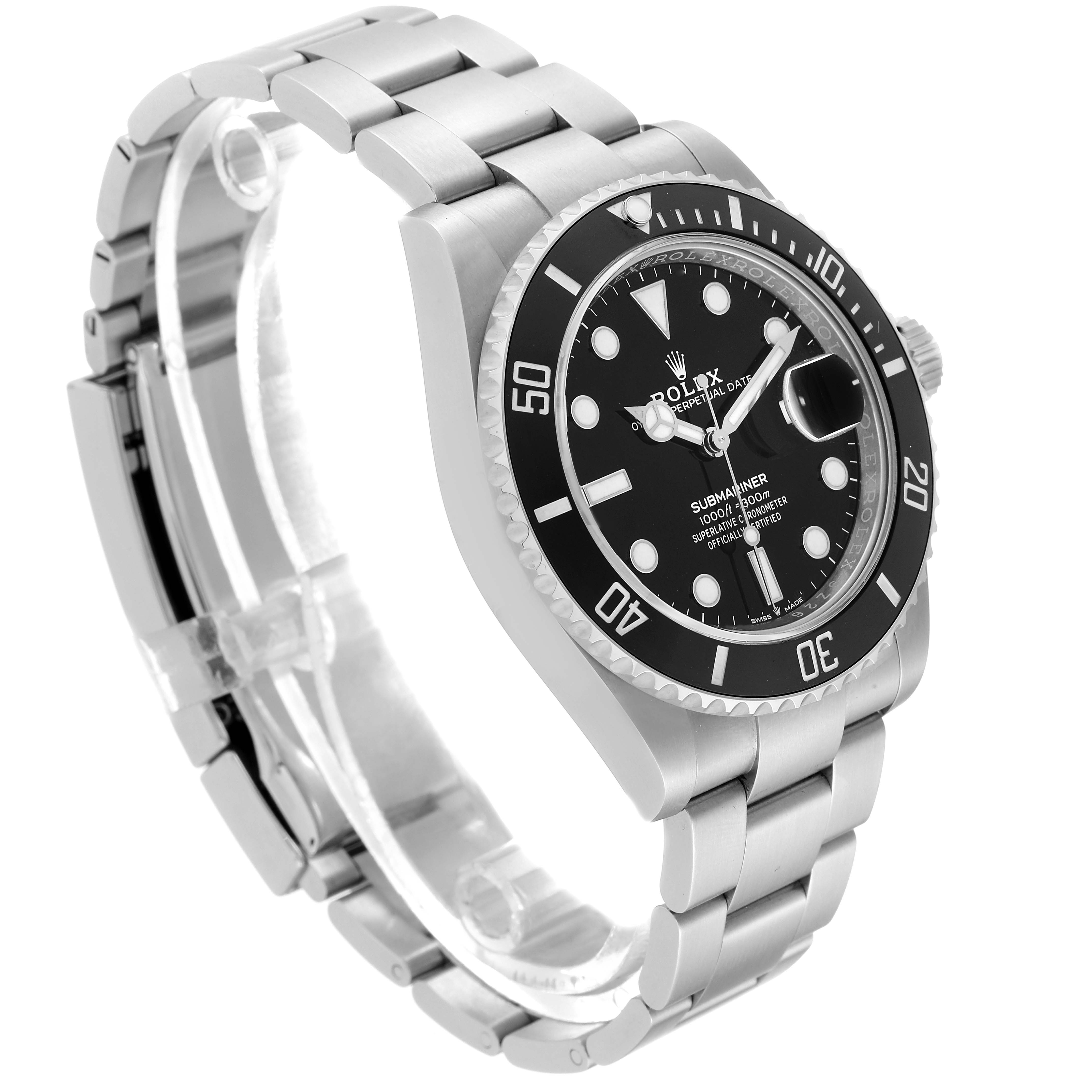 The image shows the Rolex Submariner 126610LN Men's Stainless Steel Black Dial 126610LN Men's Stainless Steel Black Dial watch at a three-quarter angle, highlighting its dial, bezel, and stainless steel bracelet.