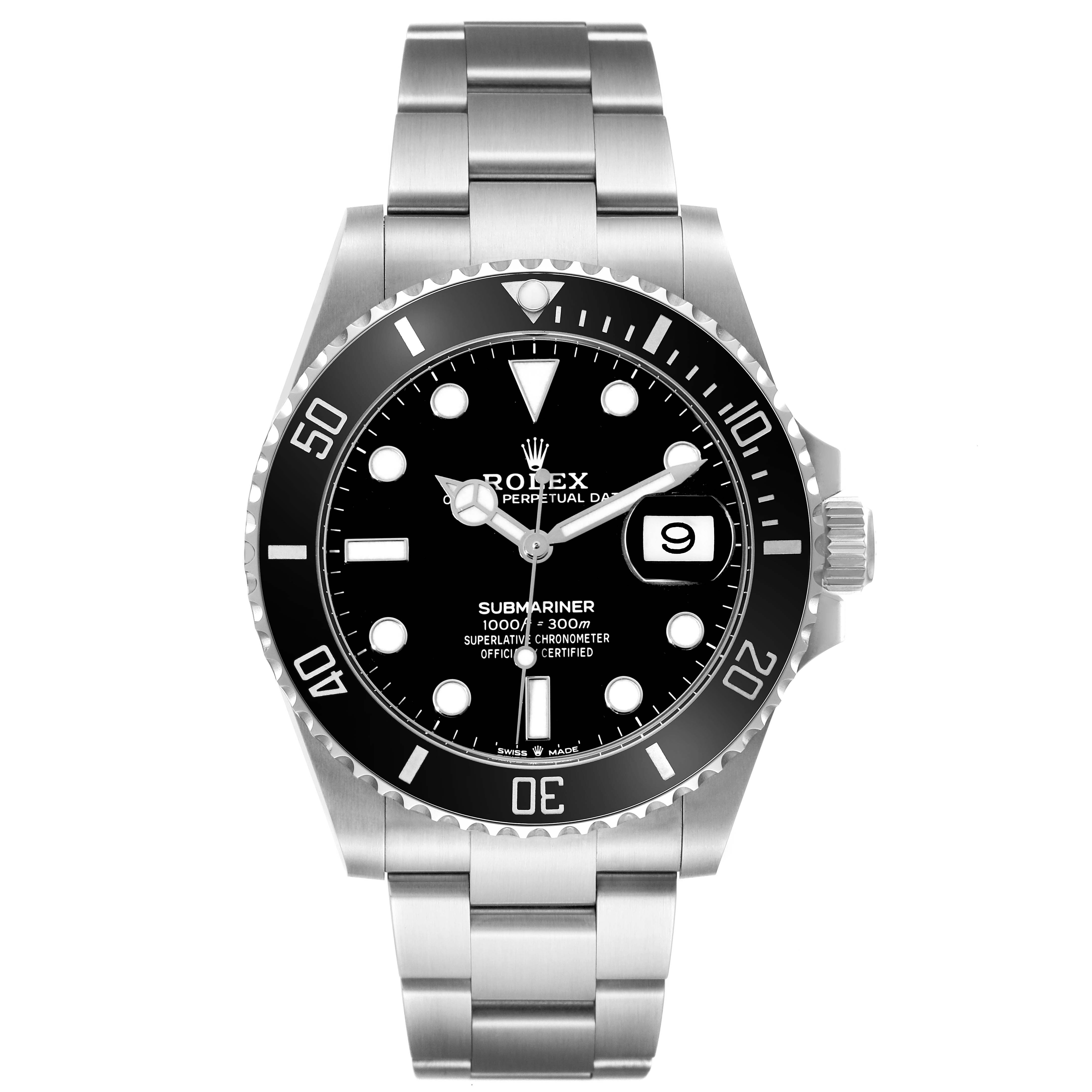 This image shows a frontal view of a Rolex Submariner 126610LN Men's Stainless Steel Black Dial 126610LN Men's Stainless Steel Black Dial watch, highlighting the dial, bezel, bracelet, and crown.