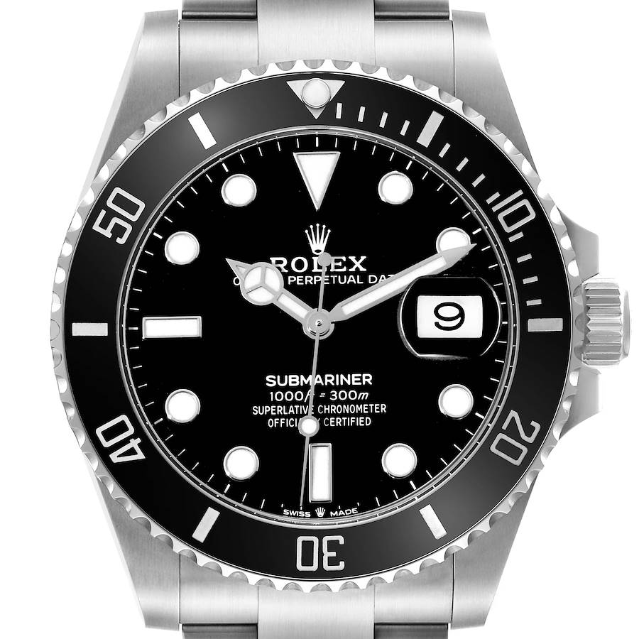 The image shows a front view of a Rolex Submariner watch, highlighting the dial, bezel, crown, and part of the bracelet.