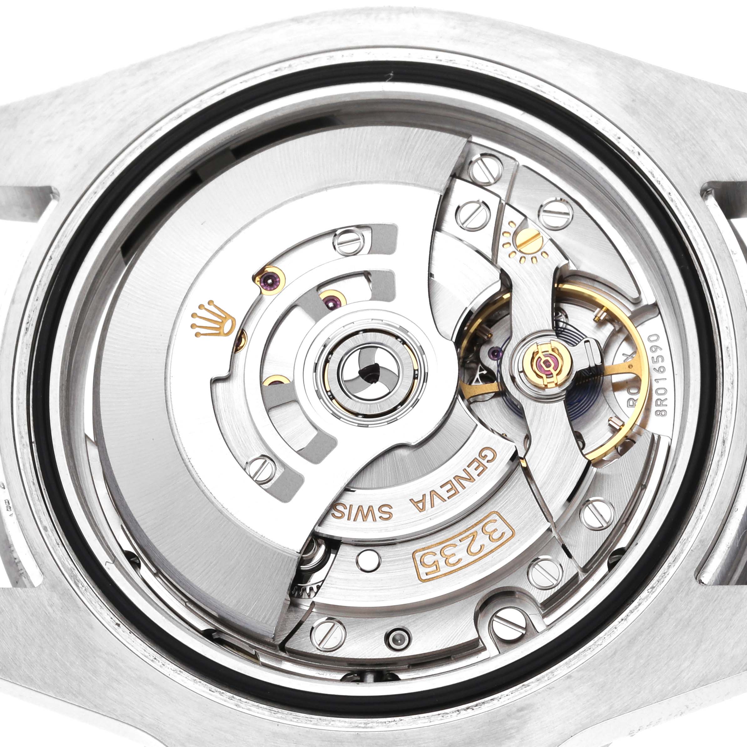 This image shows a close-up view of the Rolex Submariner 126610LN Men's Stainless Steel Black Dial 126610LN Men's Stainless Steel Black Dial's movement and internal components.