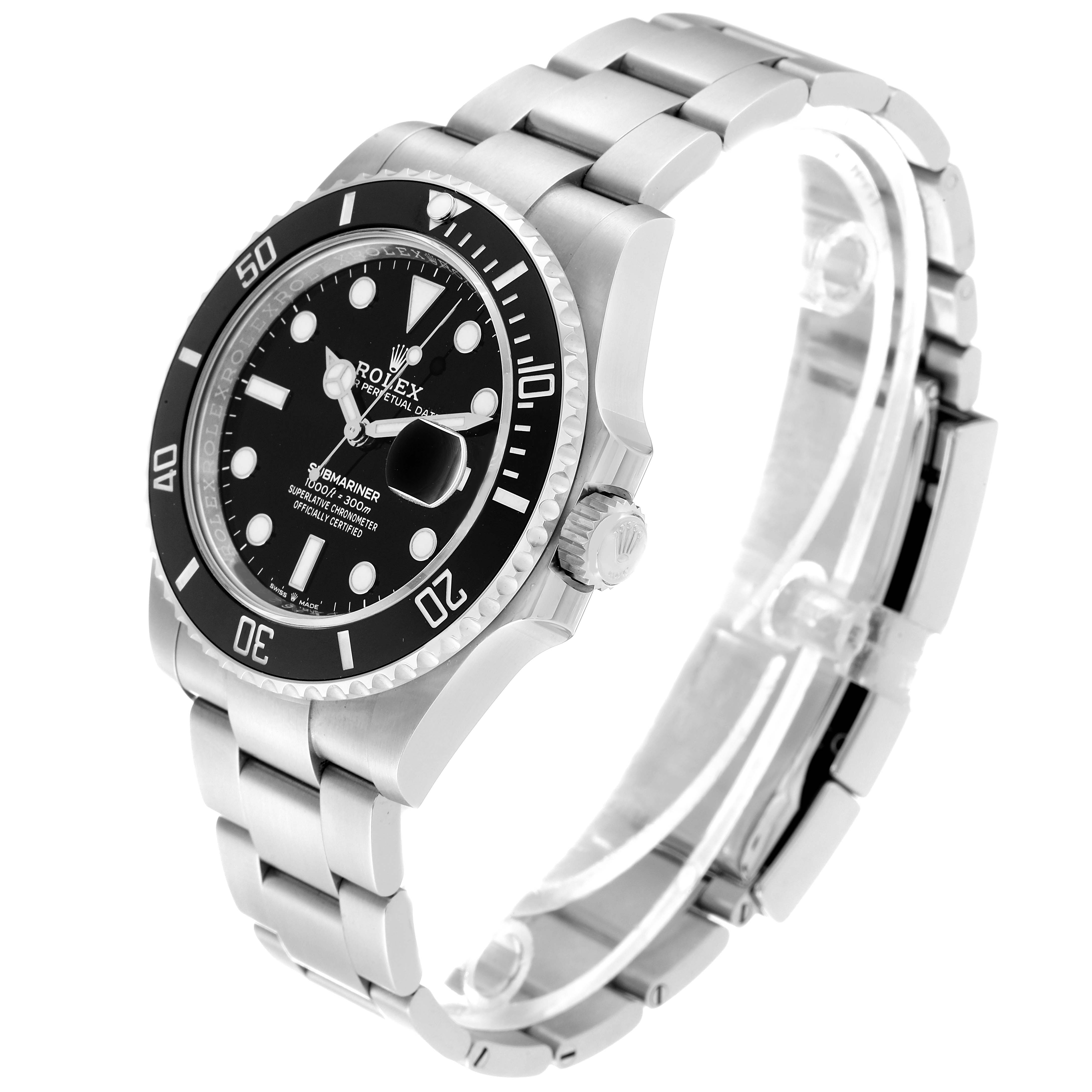 The image shows a Rolex Submariner 126610LN Men's Stainless Steel Black Dial 126610LN Men's Stainless Steel Black Dial watch at an angle, highlighting the face, bezel, crown, and bracelet.