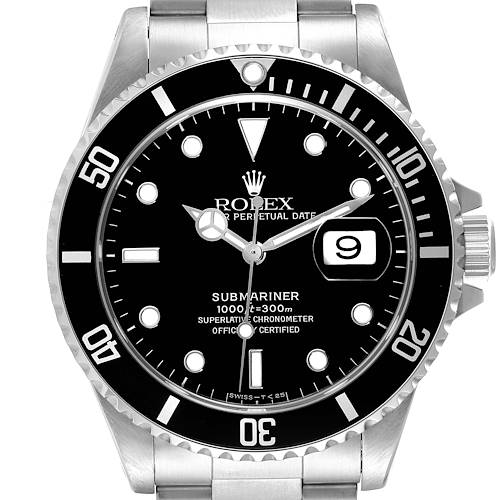 This is a front view of a Rolex Submariner watch, showing the dial, bezel, markers, and date window.