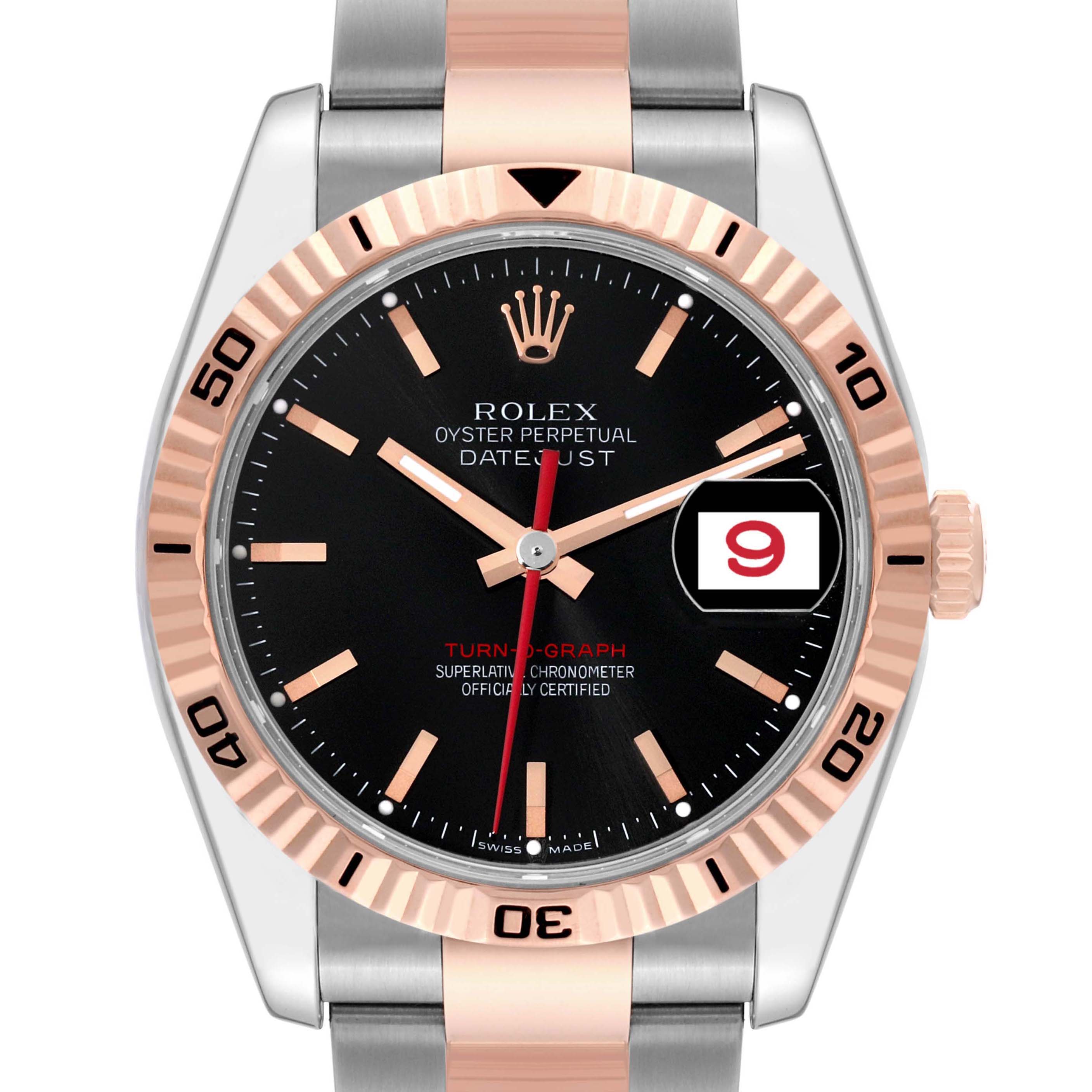 The image shows a front view of the Rolex Turn-o-Graph 116261 Men's Steel and Gold (two tone) Black Dial 116261 Men's Steel and Gold (two tone) Black Dial watch, highlighting the face, bezel, and part of the bracelet.