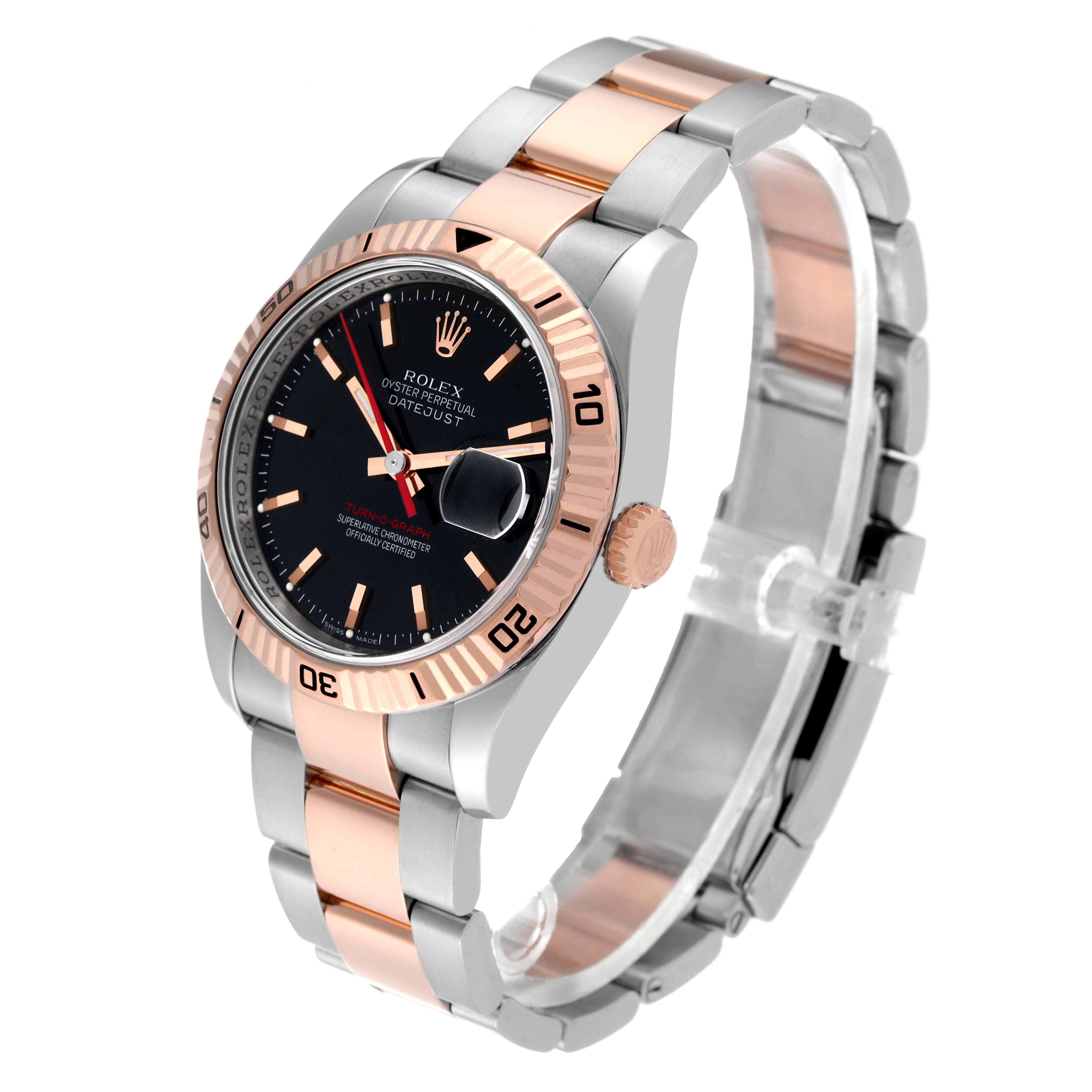 This image shows a Rolex Turn-o-Graph 116261 Men's Steel and Gold (two tone) Black Dial 116261 Men's Steel and Gold (two tone) Black Dial watch at a three-quarter angle, highlighting its black dial, rose gold bezel, and two-tone bracelet.