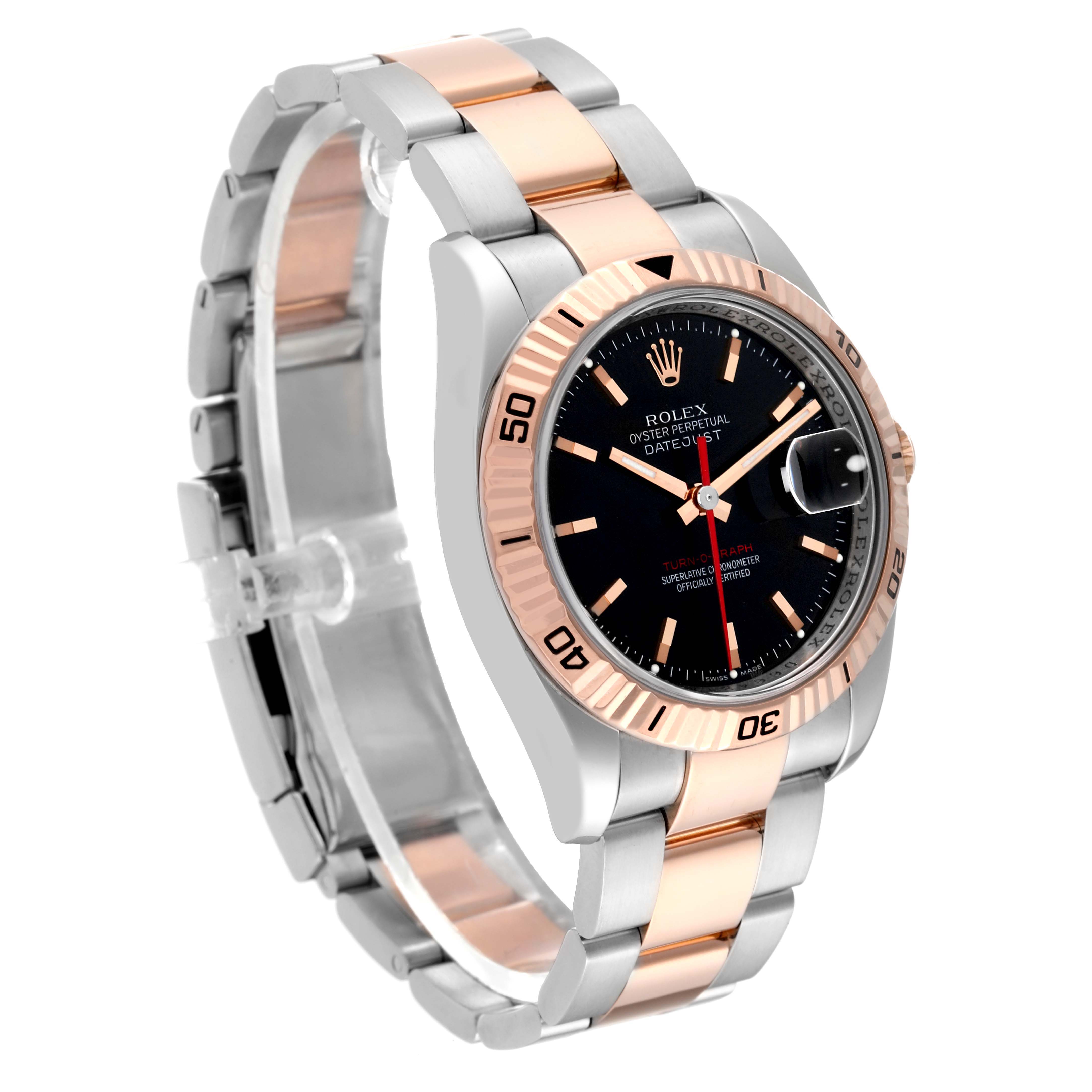 The image shows a side angle of the Rolex Turn-o-Graph 116261 Men's Steel and Gold (two tone) Black Dial 116261 Men's Steel and Gold (two tone) Black Dial watch, highlighting its dial, bezel, and bracelet.
