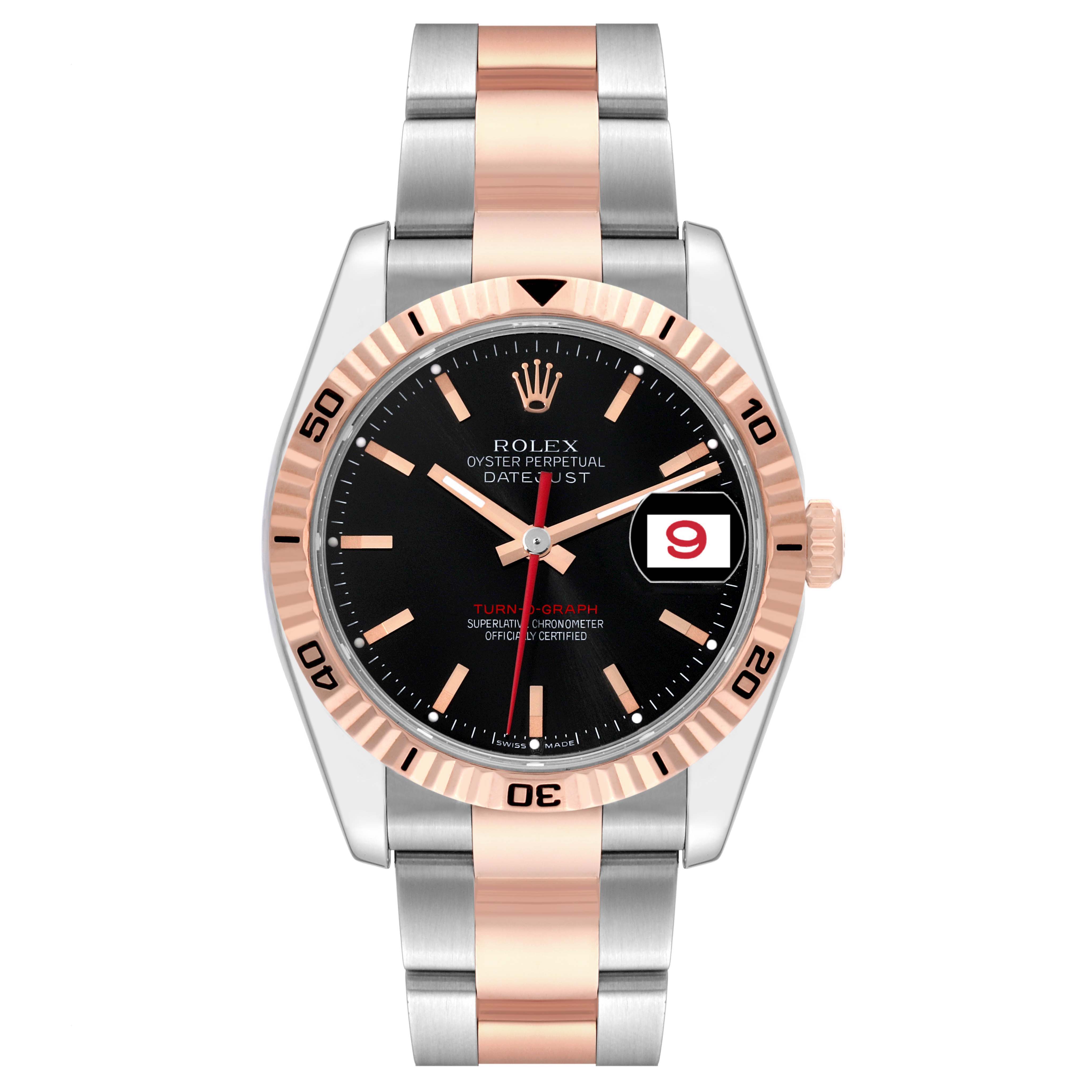 The image shows a front view of a Rolex Turn-o-Graph 116261 Men's Steel and Gold (two tone) Black Dial 116261 Men's Steel and Gold (two tone) Black Dial watch, highlighting the dial, bezel, and bracelet.