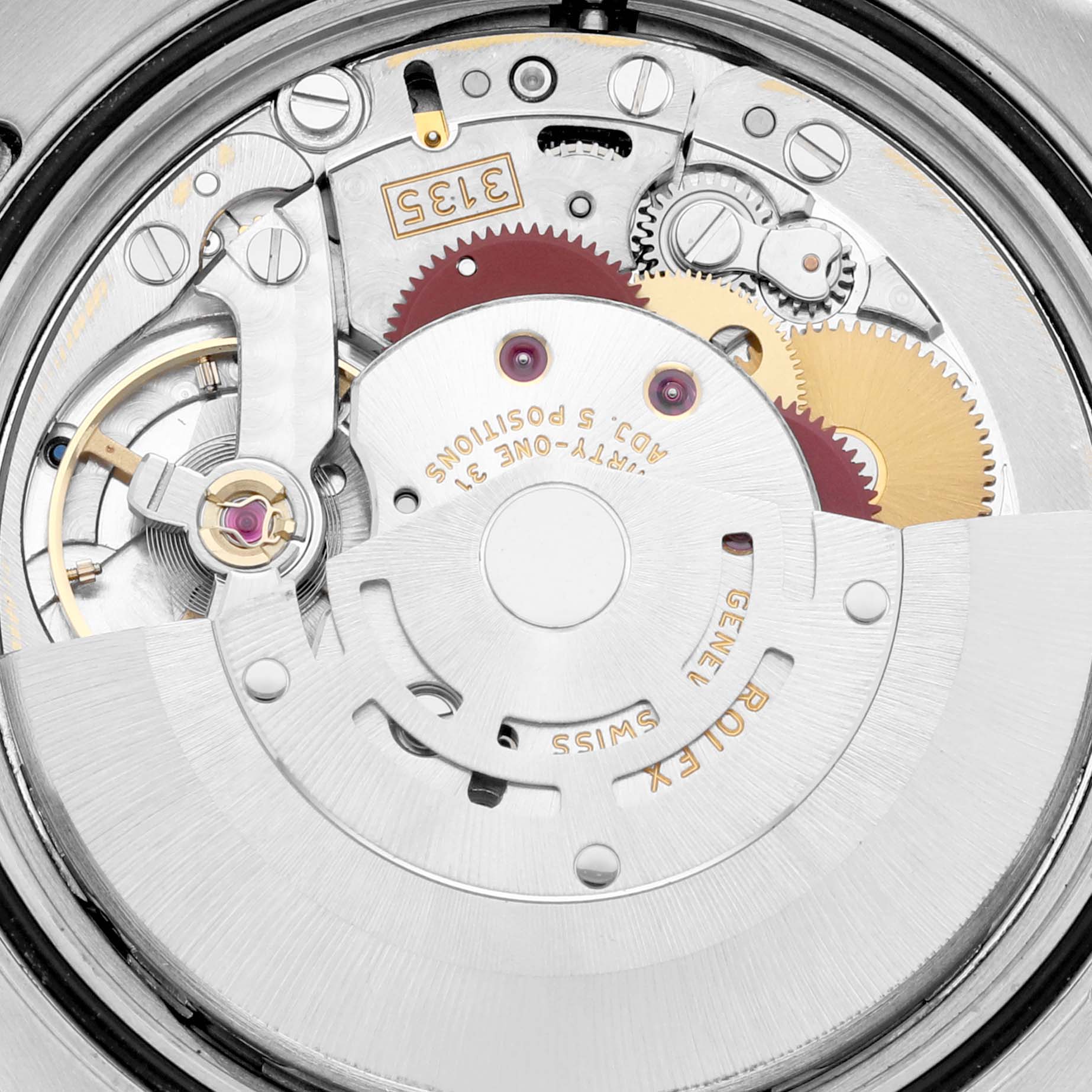The image shows the internal mechanical movement of a Rolex Turn-o-Graph 116261 Men's Steel and Gold (two tone) Black Dial 116261 Men's Steel and Gold (two tone) Black Dial watch, viewed from the back.