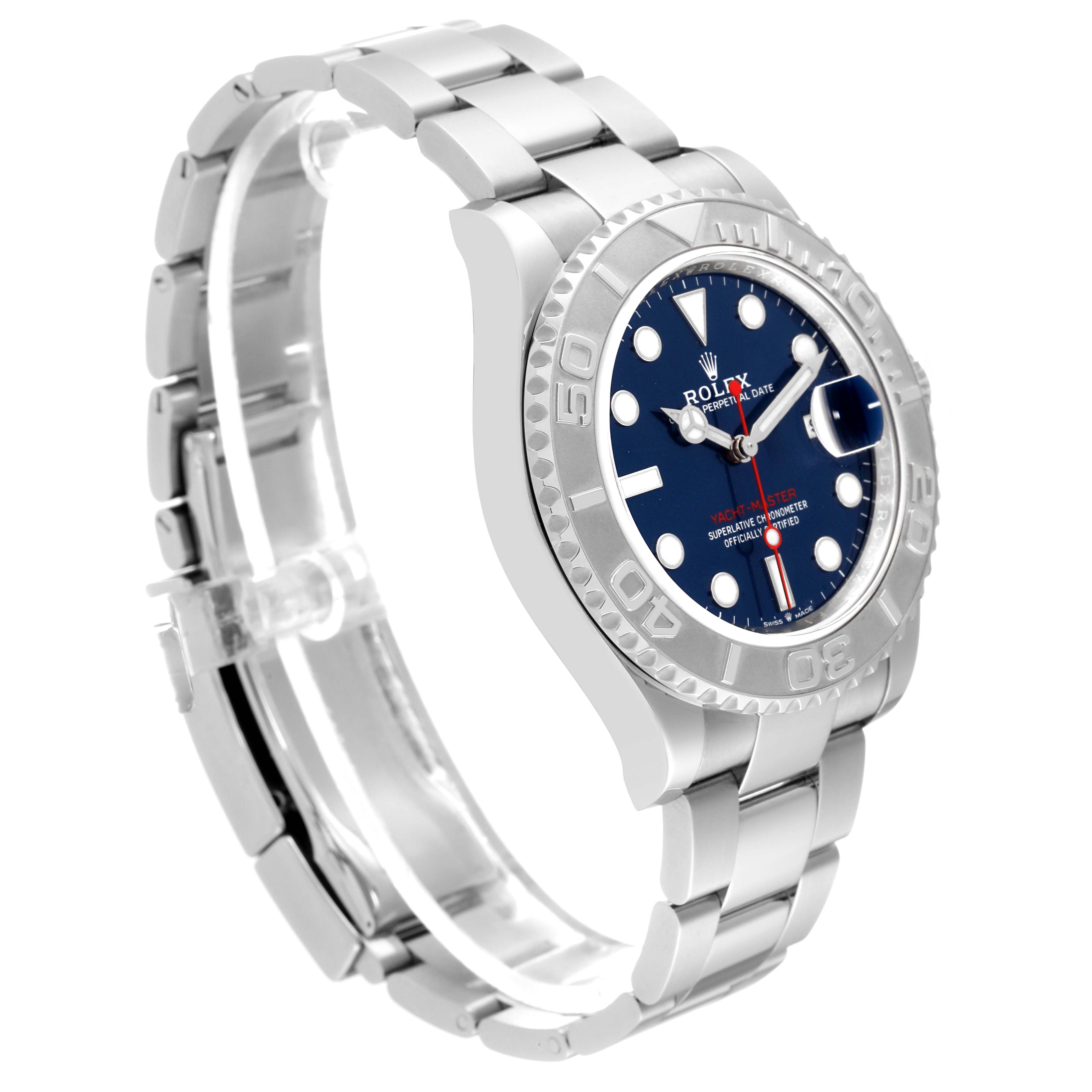 The image shows a side-angle view of the Rolex Yacht-Master 126622 Men's Stainless Steel Blue Dial 126622 Men's Stainless Steel Blue Dial watch, highlighting its dial, bezel, and bracelet.