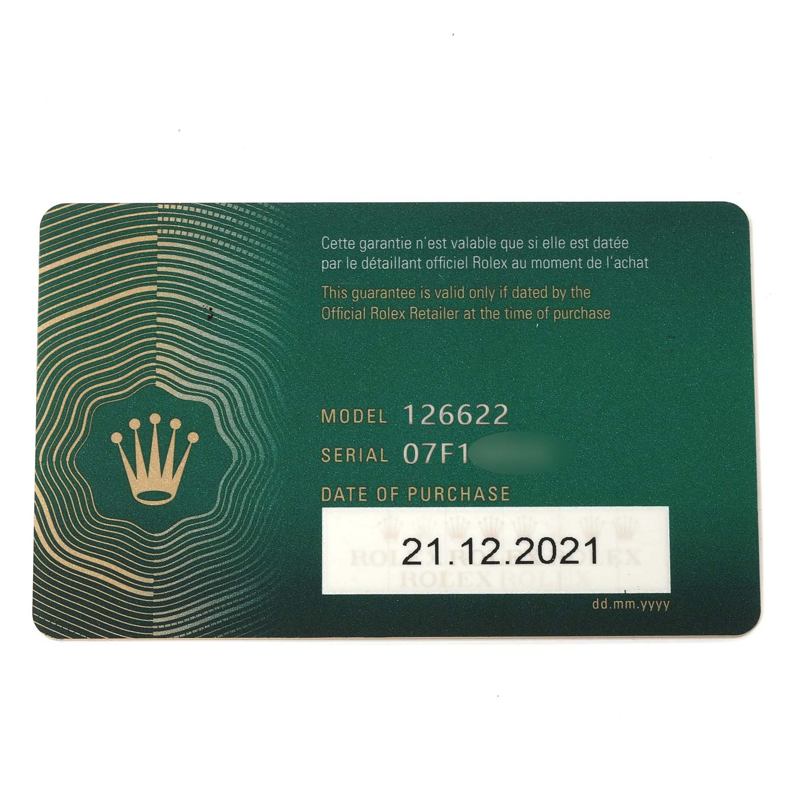 The image shows a Rolex warranty card for the Yacht-Master model 126622 with a purchase date of 21.12.2021.