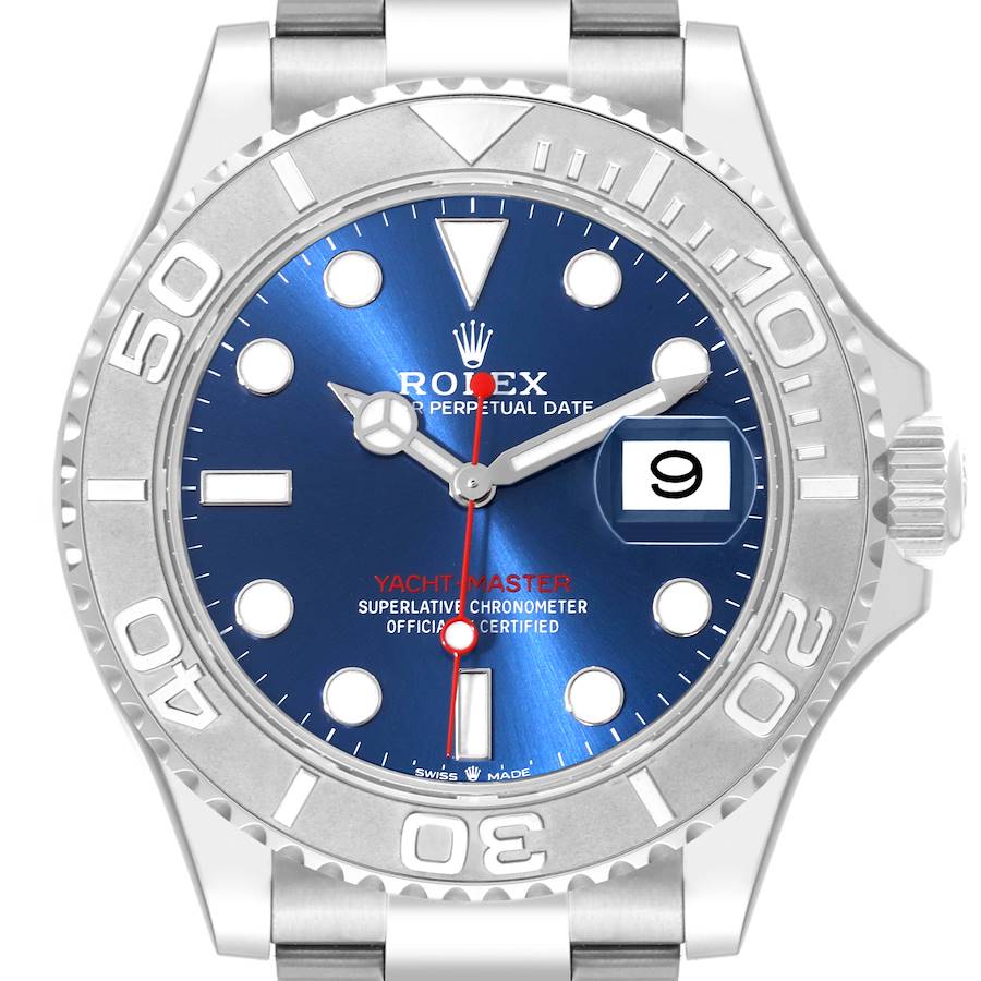 The image shows a Rolex Yacht-Master watch from a front angle, highlighting the dial, bezel, and bracelet.