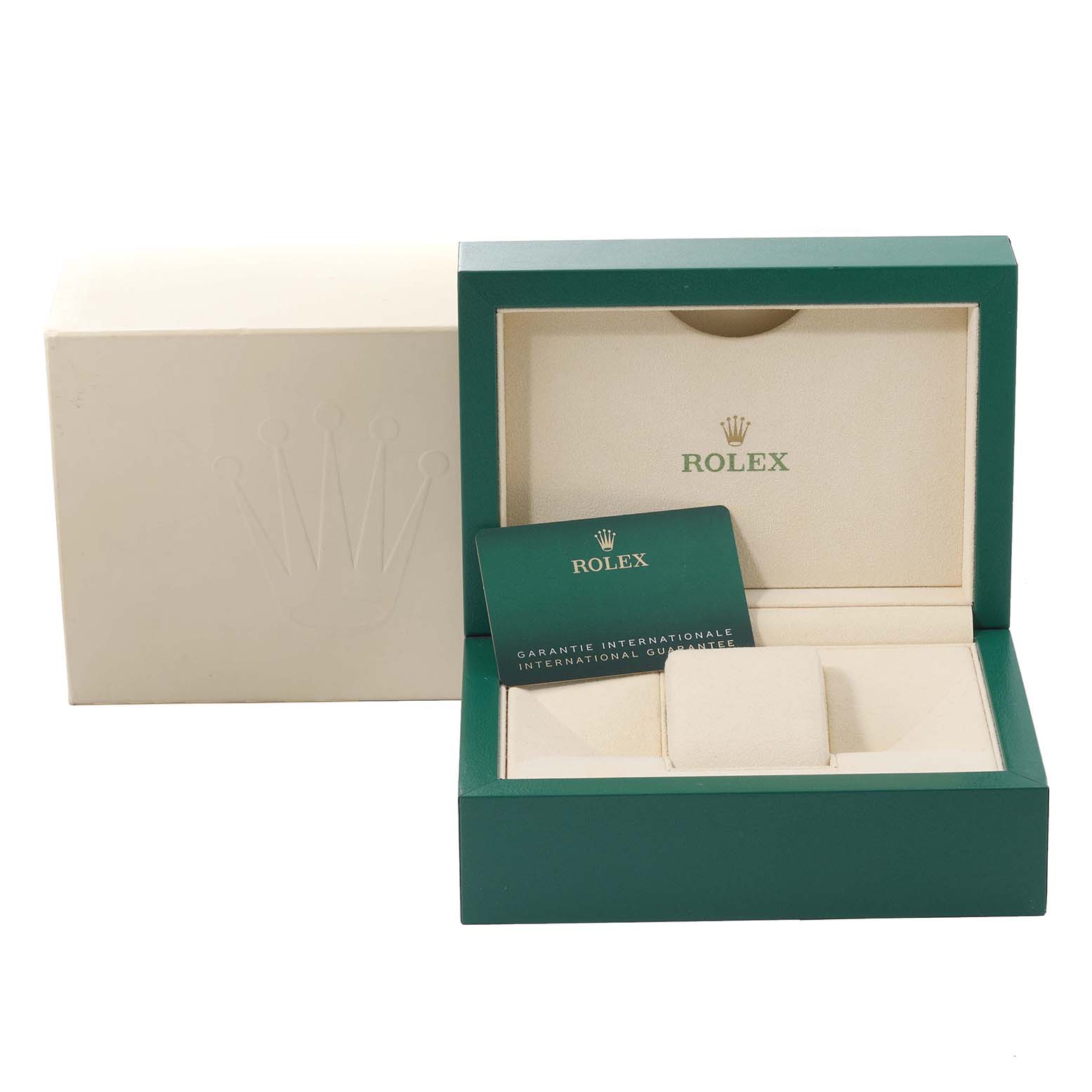 The image shows the packaging for a Rolex Yacht-Master 126622 Men's Stainless Steel Blue Dial 126622 Men's Stainless Steel Blue Dial watch, including the box, warranty card, and cushion.