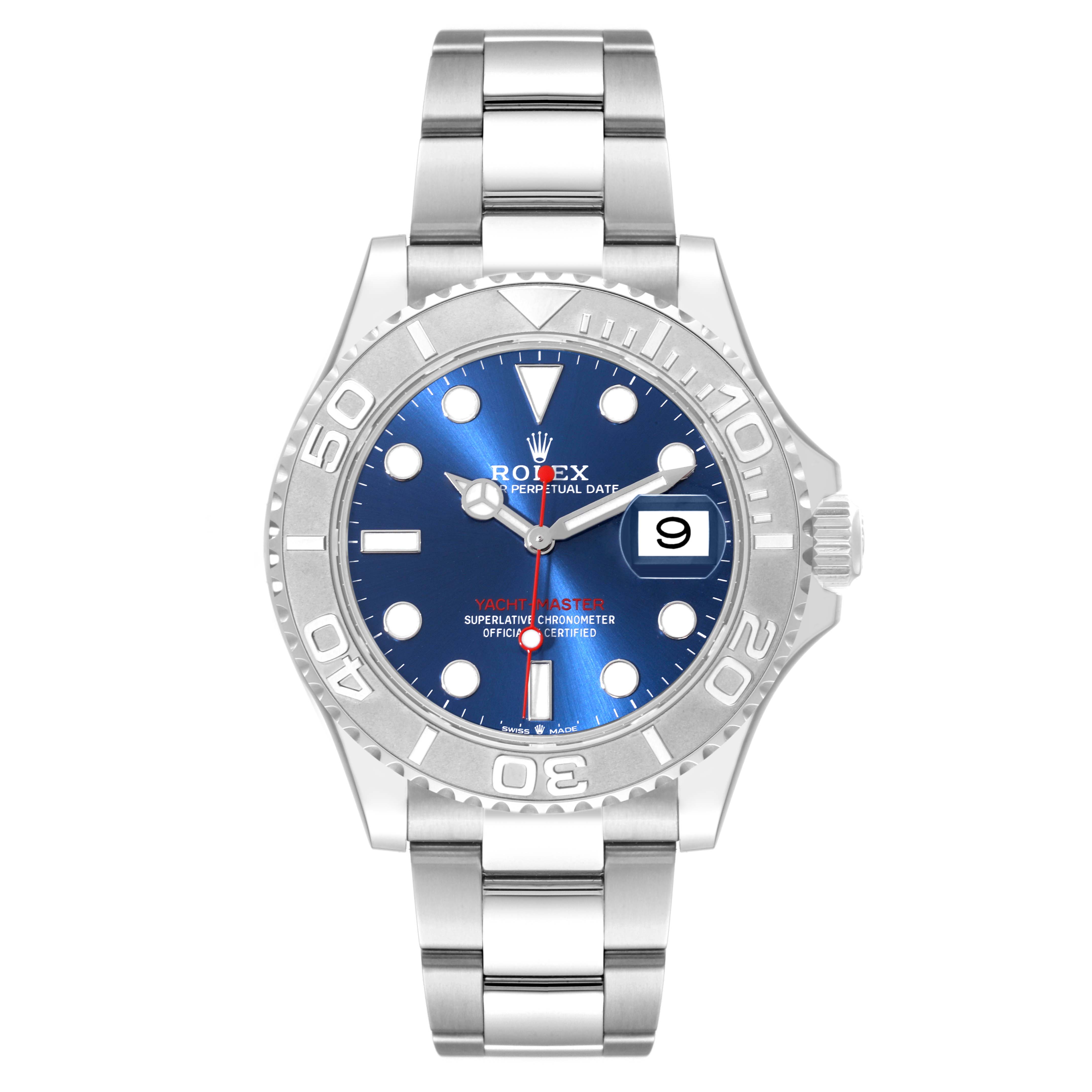 The image shows a front view of a Rolex Yacht-Master 126622 Men's Stainless Steel Blue Dial 126622 Men's Stainless Steel Blue Dial watch, displaying its blue dial, bezel, and stainless steel bracelet.
