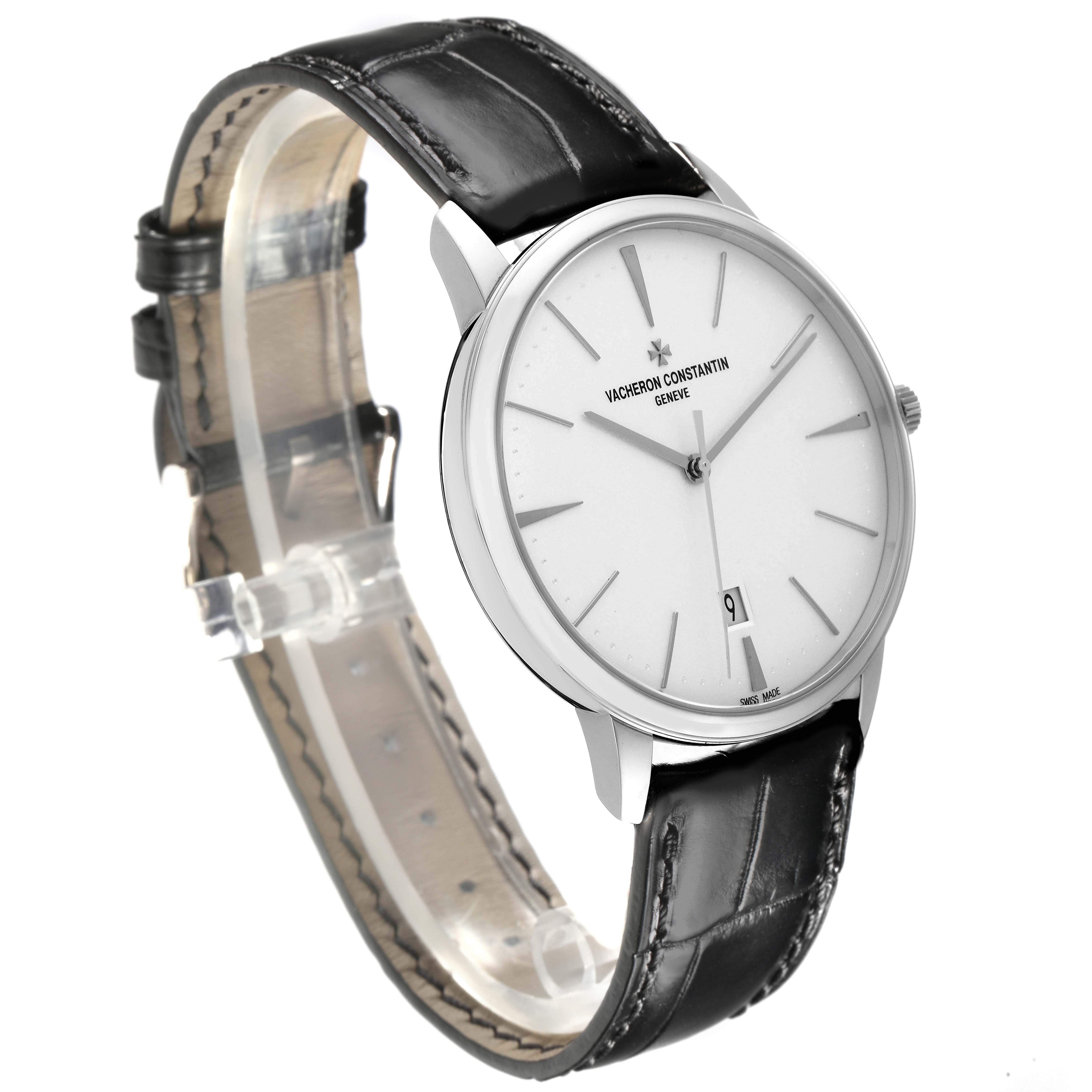 The image shows a Vacheron Constantin Patrimony 85180 Men
s White Gold Silver Dial 85180 Men
s White Gold Silver Dial watch at a side angle, displaying the face, case, and black leather strap.