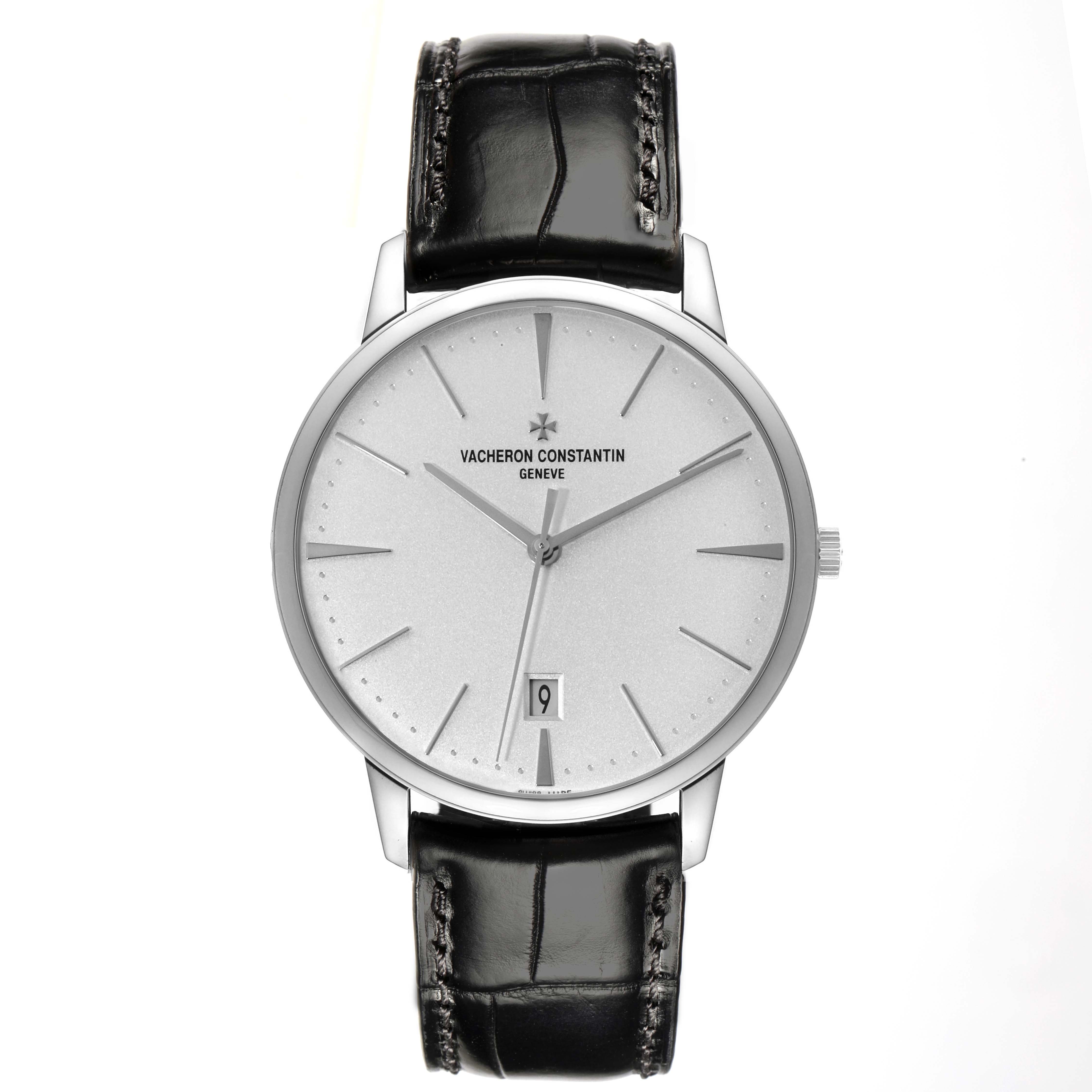 The Vacheron Constantin Patrimony 85180 Men
s White Gold Silver Dial 85180 Men
s White Gold Silver Dial watch is shown from a front angle, displaying its dial, leather strap, and crown.