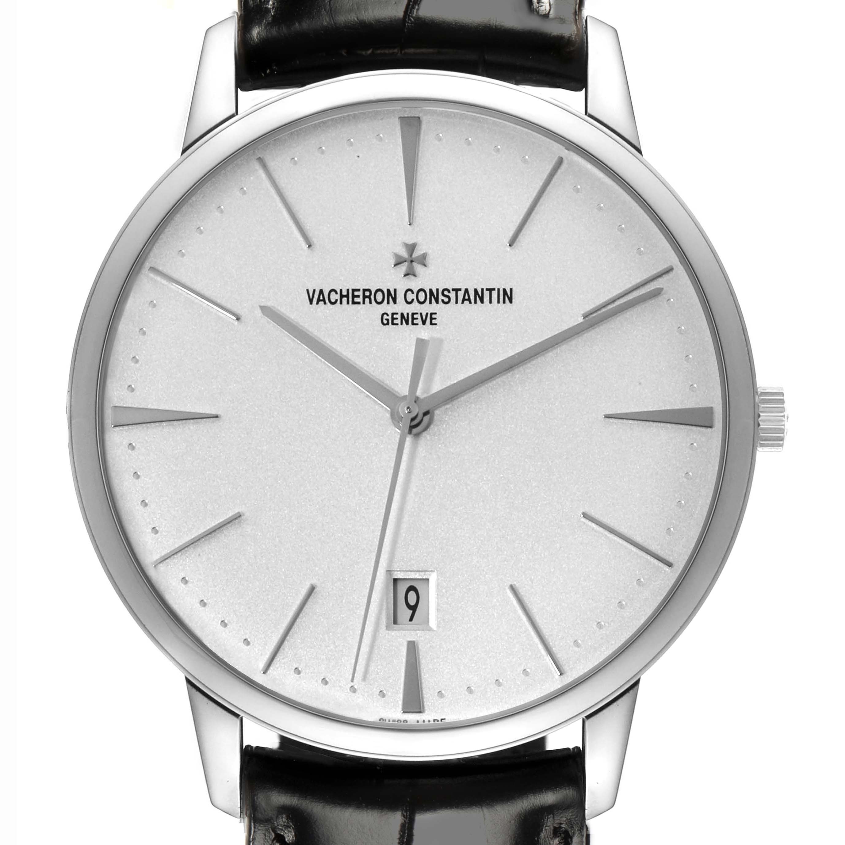 The Patrimony model by Vacheron Constantin is shown from a front angle, highlighting the dial, hands, and leather strap.