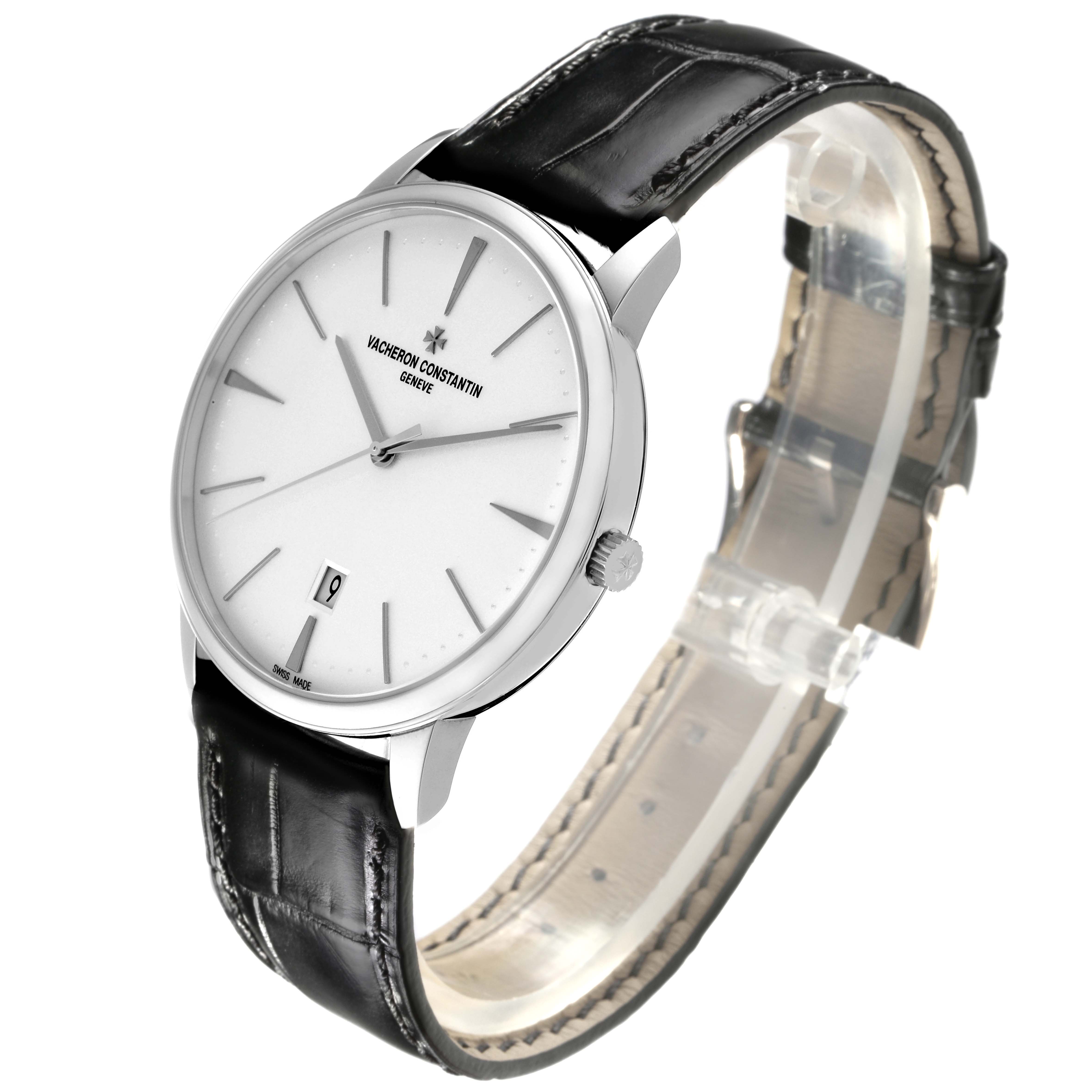 The Vacheron Constantin Patrimony 85180 Men
s White Gold Silver Dial 85180 Men
s White Gold Silver Dial watch is shown at a side angle, displaying the face, case, crown, and black leather strap.