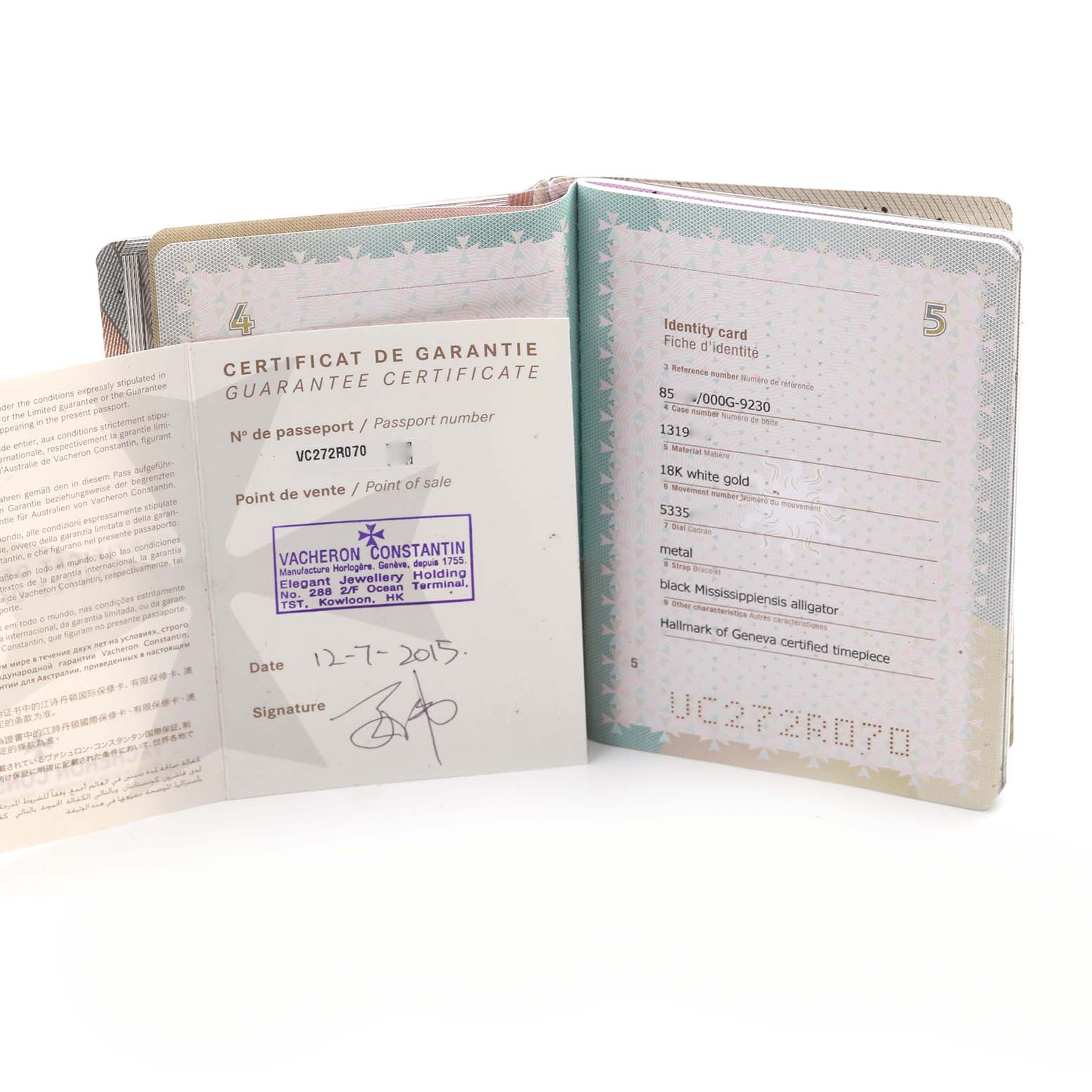 The image shows the guarantee certificate and identity card for the Vacheron Constantin Patrimony 85180 Men
s White Gold Silver Dial 85180 Men
s White Gold Silver Dial model.