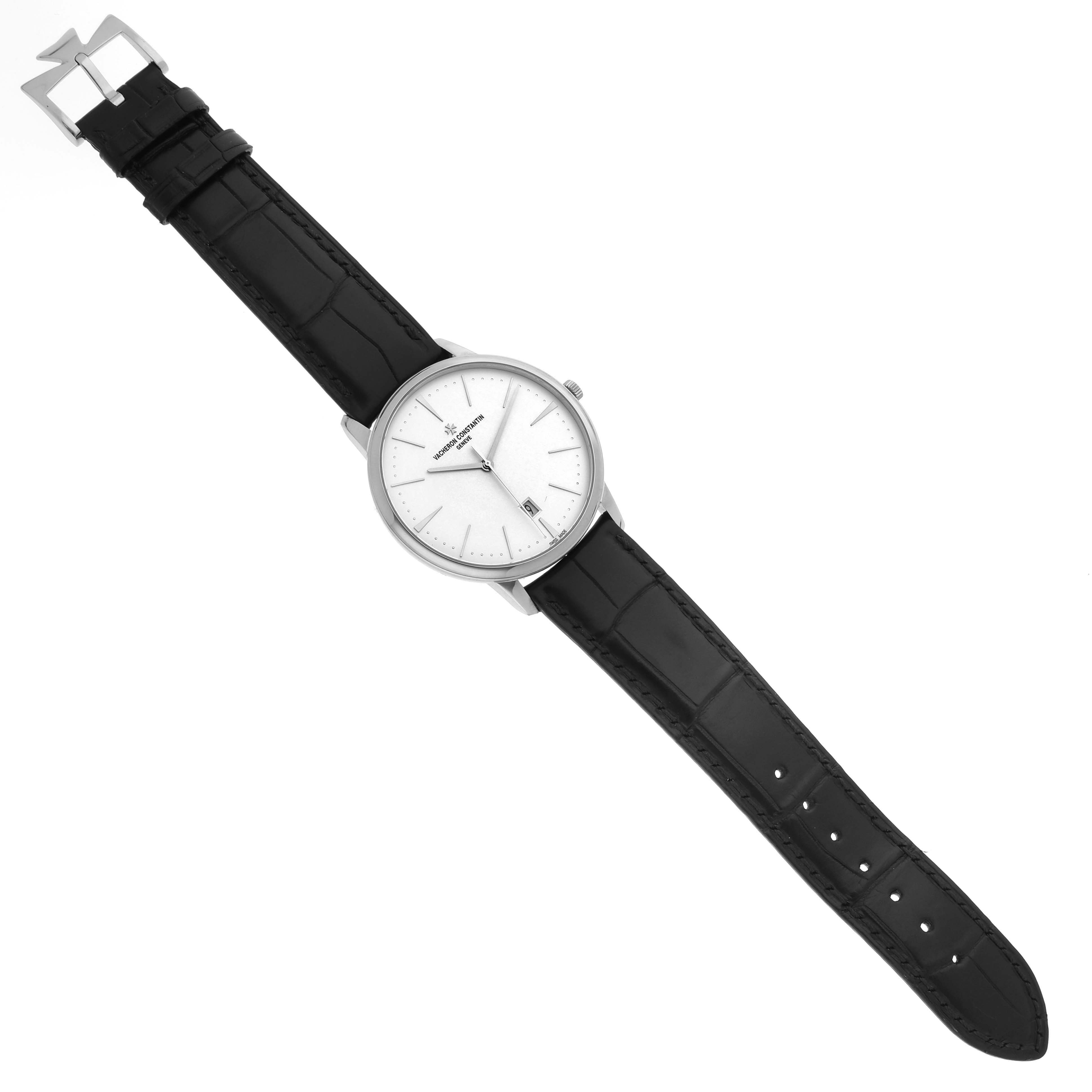 The Vacheron Constantin Patrimony 85180 Men
s White Gold Silver Dial 85180 Men
s White Gold Silver Dial watch is shown from an overhead angle, displaying the dial, case, strap, and buckle.