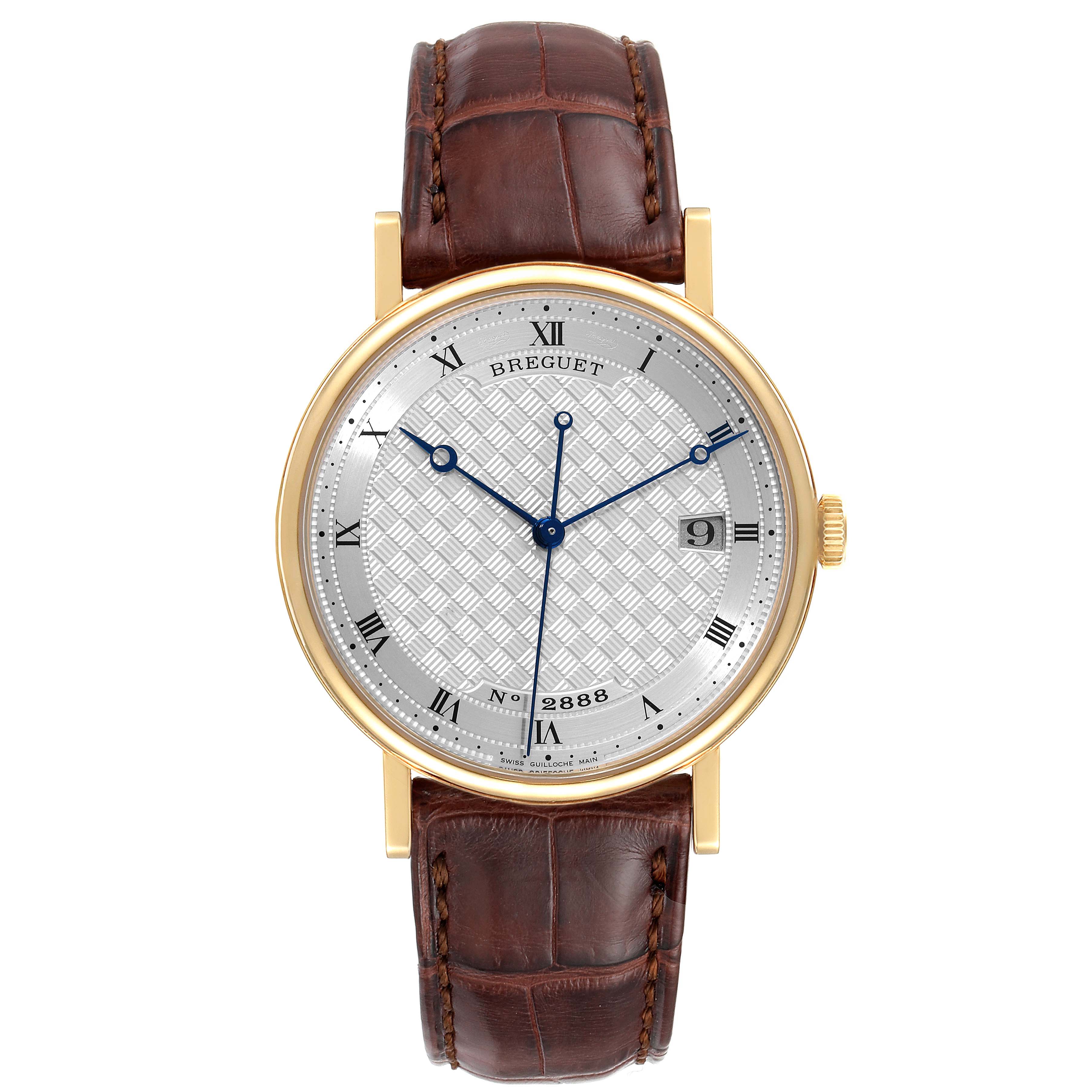 The image shows a front view of a Breguet Classique 5177BA Men's Yellow Gold Silver Dial 5177BA Men's Yellow Gold Silver Dial watch with a gold case, silver dial, and brown leather strap.