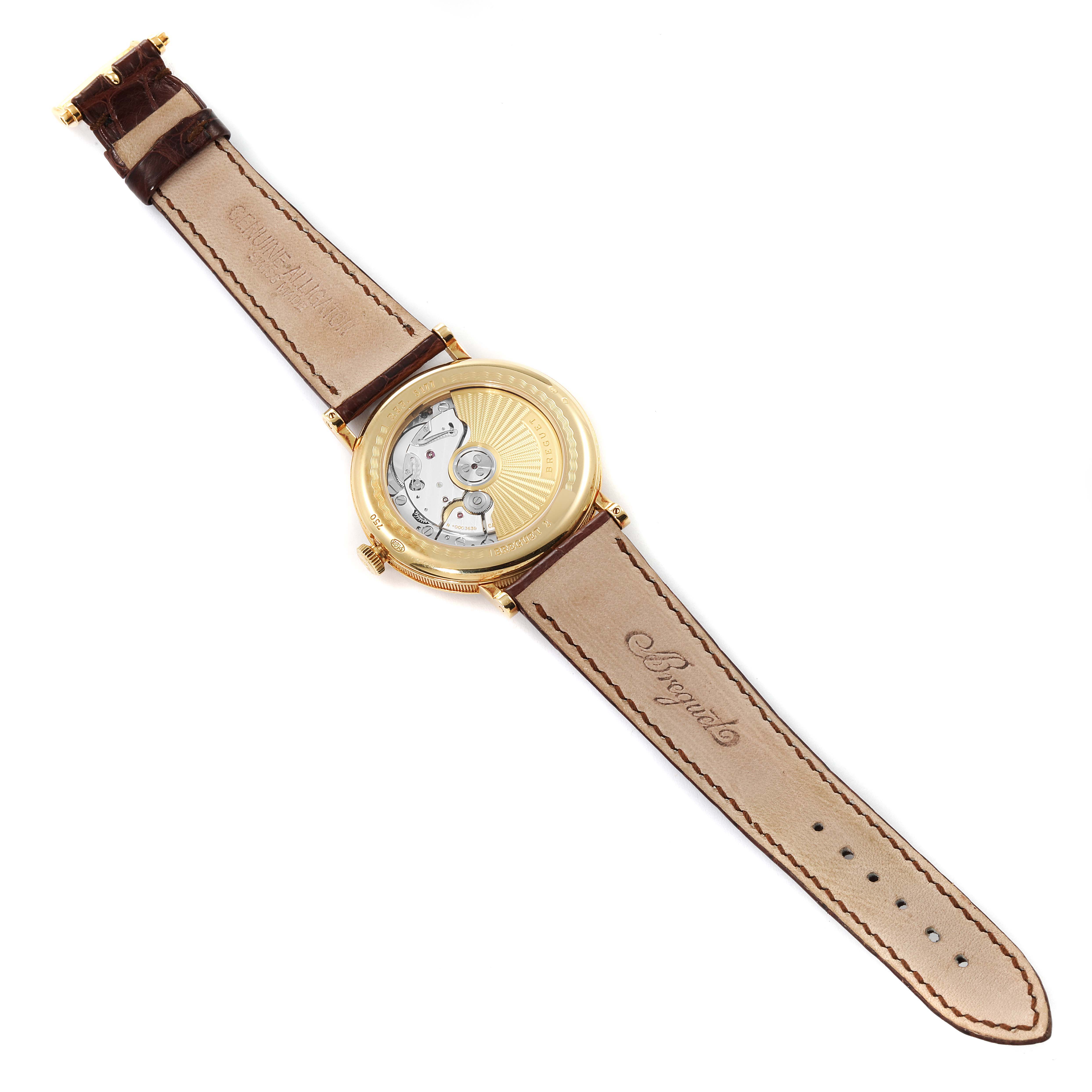 The image shows the back view of a Breguet Classique 5177BA Men's Yellow Gold Silver Dial 5177BA Men's Yellow Gold Silver Dial watch, highlighting the movement and leather strap.