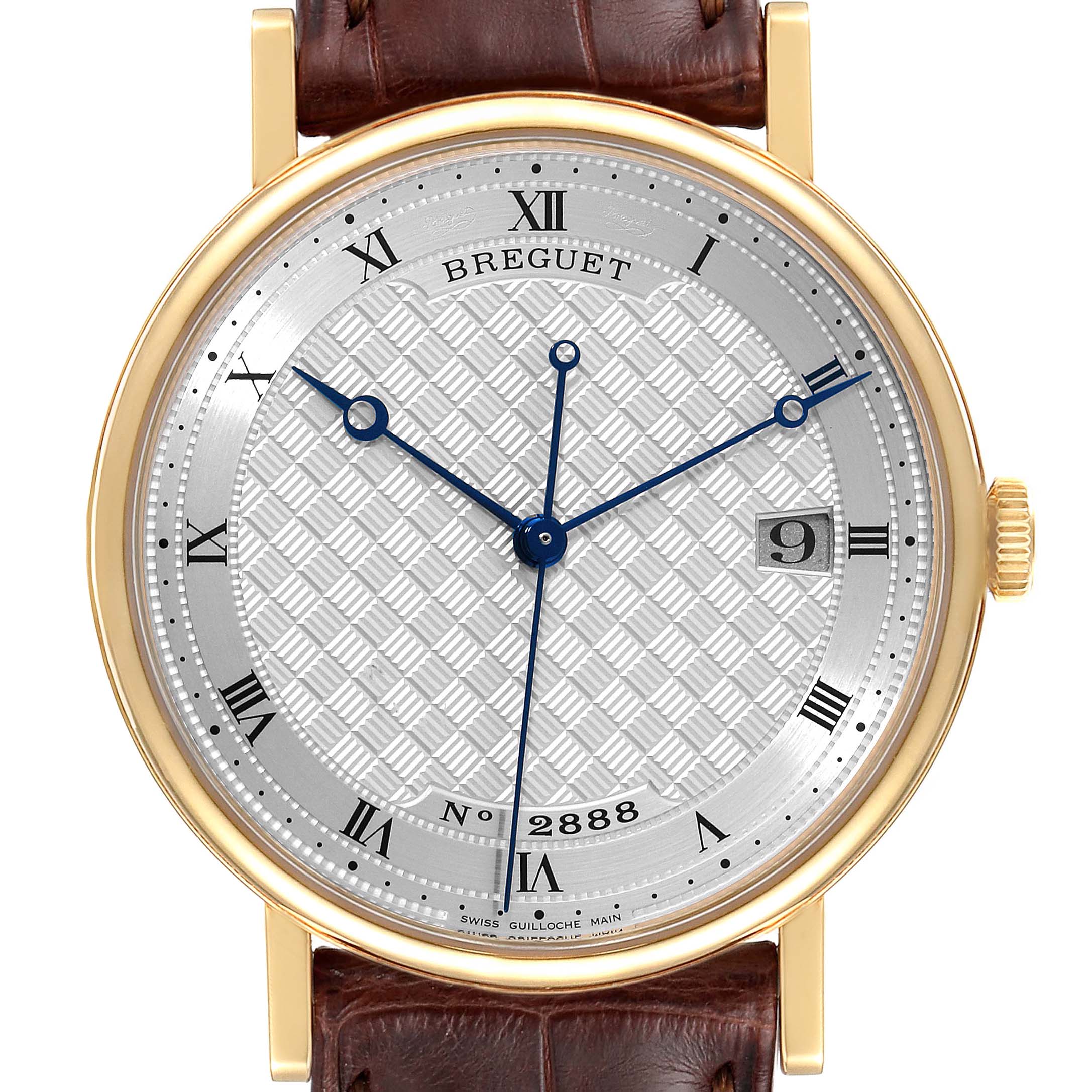 The image shows a front view of the Breguet Classique 5177BA Men's Yellow Gold Silver Dial 5177BA Men's Yellow Gold Silver Dial watch, highlighting its dial, hands, and part of the leather strap.