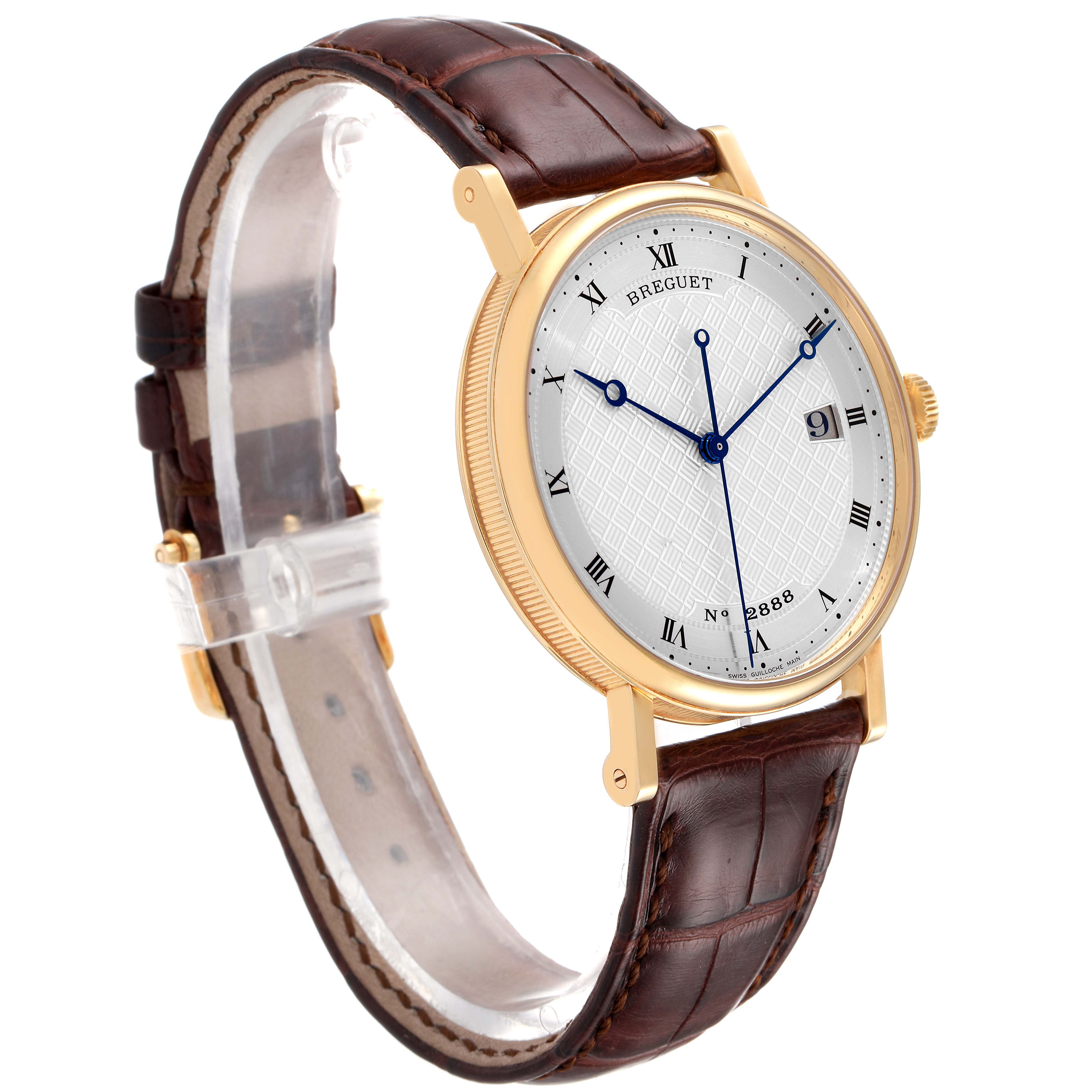 The image shows a Classique model by Breguet from a side angle, displaying the watch face, case, and leather strap.