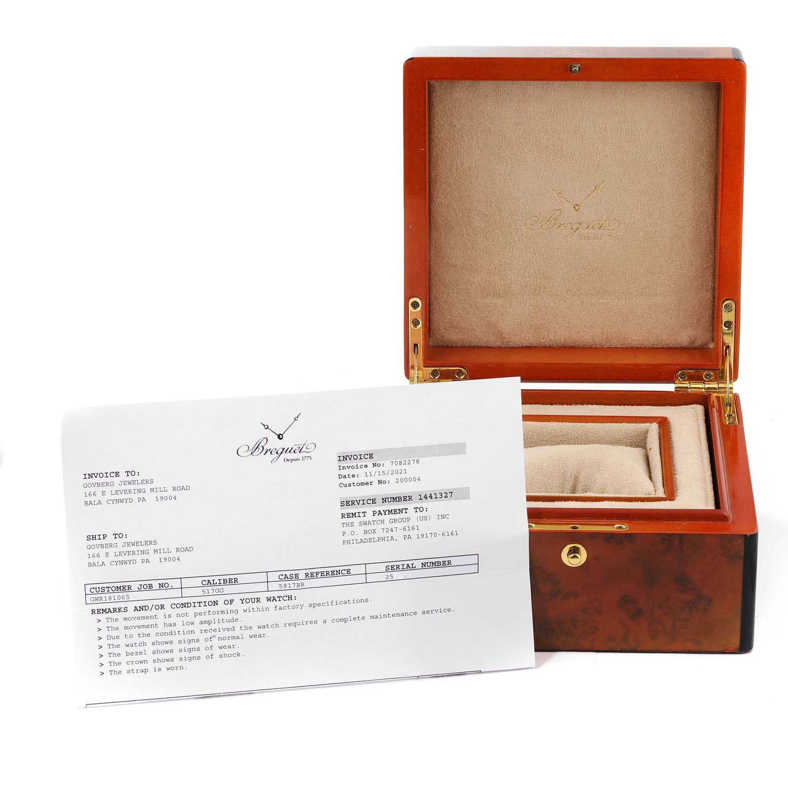 The image shows a Breguet Marine 5817BR/Z2/5V8 Men's Rose Gold Black Dial 5817BR/Z2/5V8 Men's Rose Gold Black Dial watch box, viewed from a front angle, along with an invoice document.