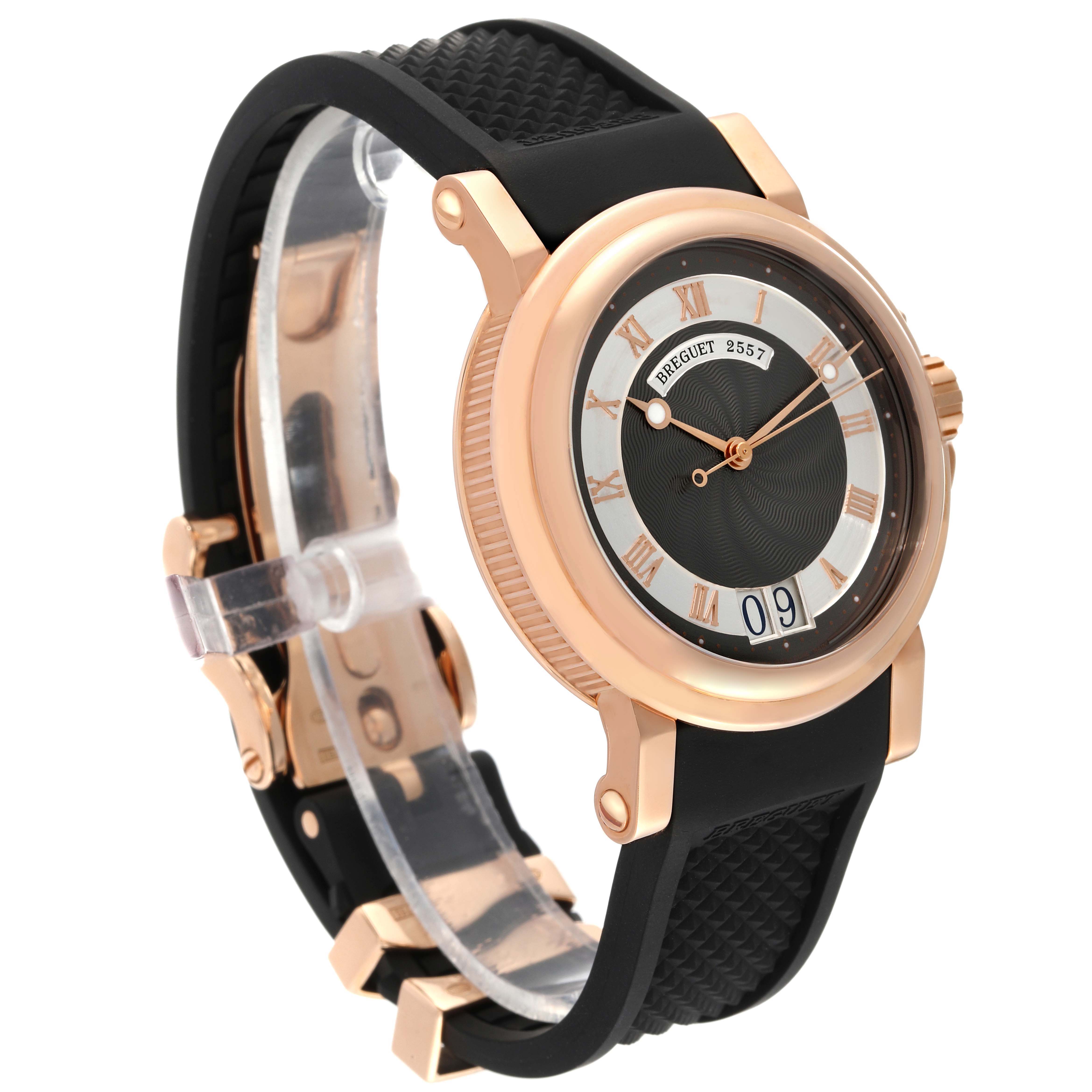 The image shows the Breguet Marine 5817BR/Z2/5V8 Men's Rose Gold Black Dial 5817BR/Z2/5V8 Men's Rose Gold Black Dial model watch from a front-side angle, highlighting the dial, case, and strap.