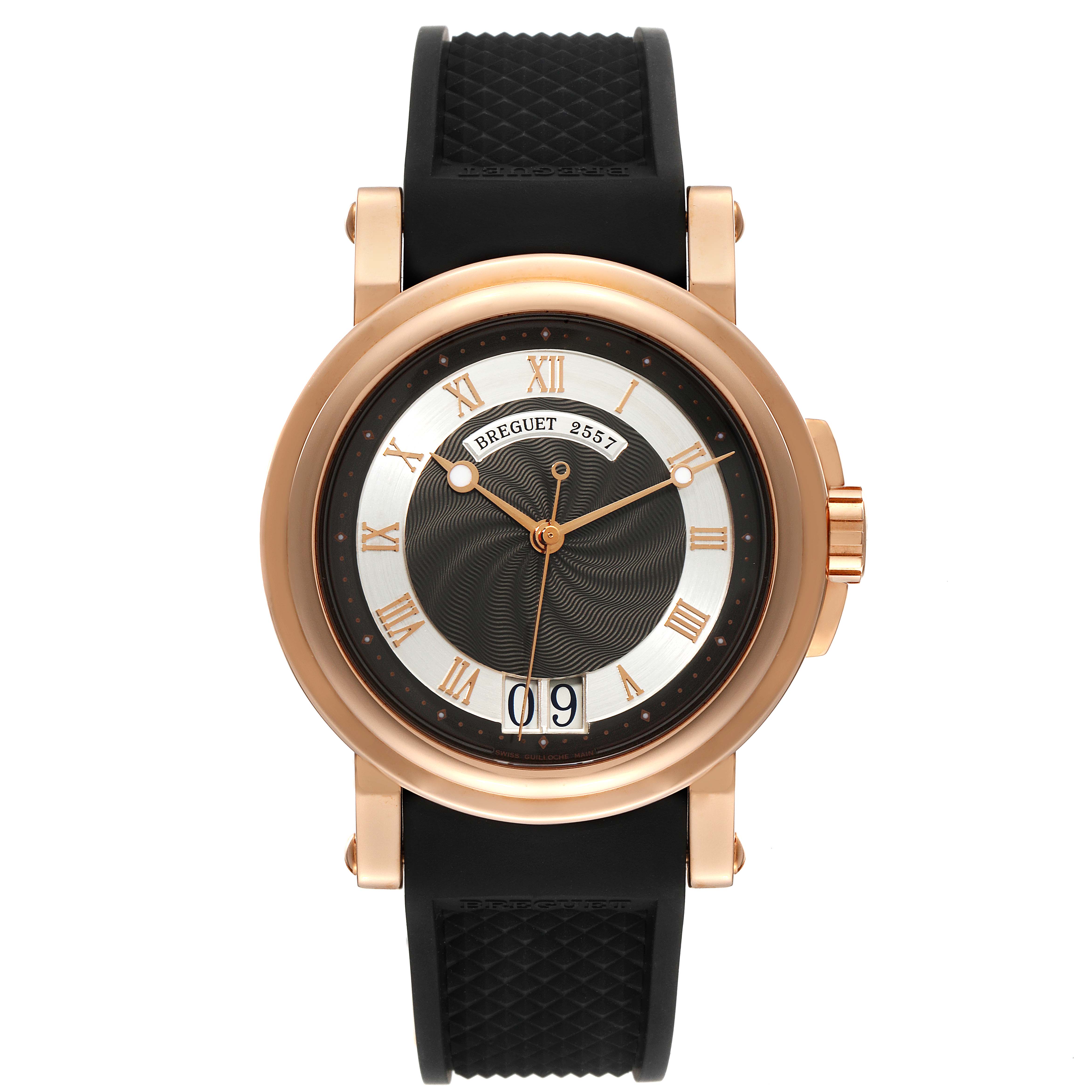 The image shows a front view of the Breguet Marine 5817BR/Z2/5V8 Men's Rose Gold Black Dial 5817BR/Z2/5V8 Men's Rose Gold Black Dial watch, featuring a rose gold case and black rubber strap.